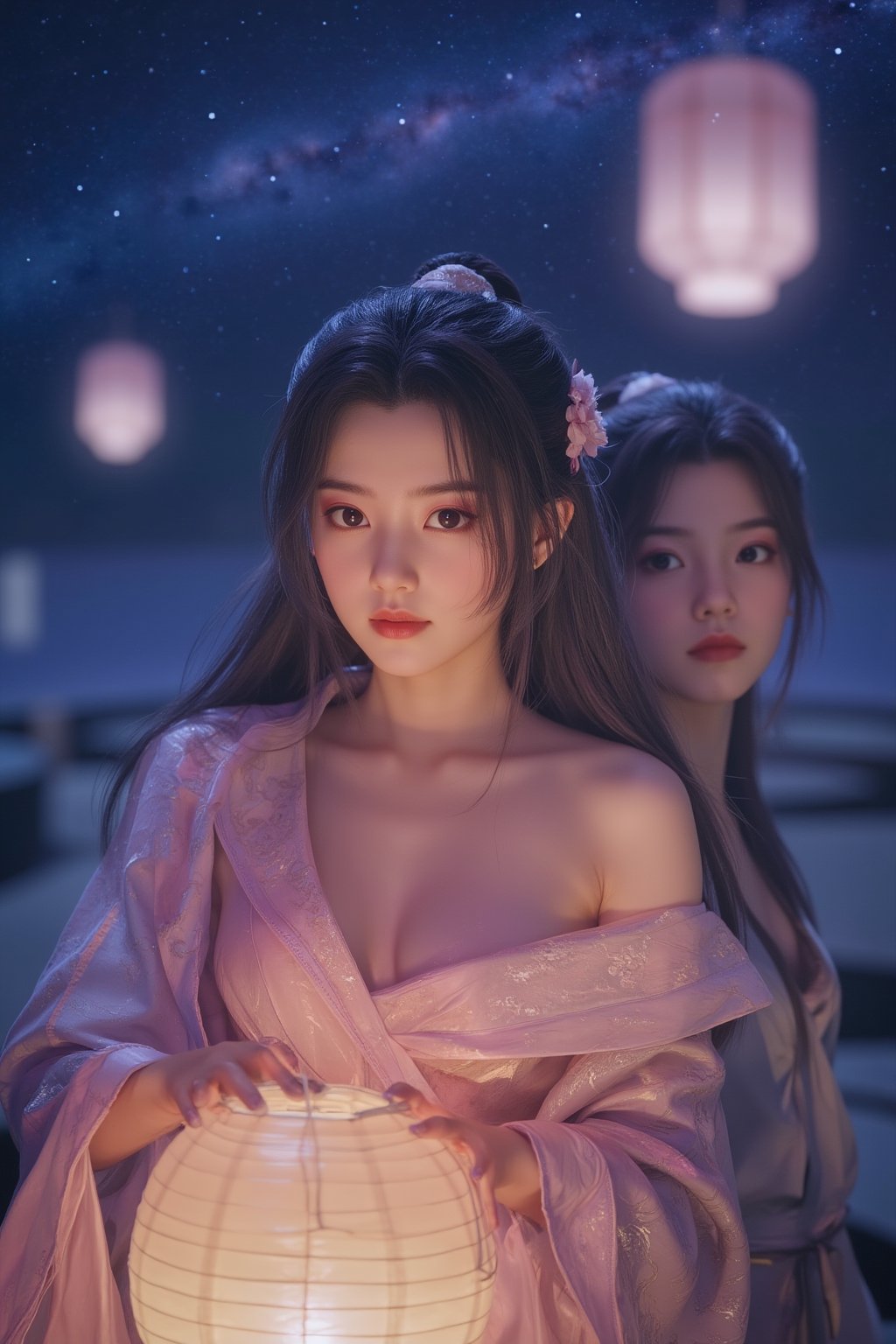  (masterpiece, best quality:1.2),2_girls, navel, solo, midriff, bare shoulders, lantern, hair ornament, flower, hair flower, paper lantern, black hair, red lips,
BREAK, looking at viewer, chinese clothes,(Holographic pink color:1.29), (Holographic Gradient seven colors rainbow dress:1.39), 
BREAK,black eyes,blurry, solo focus, long hair, lips, night, lipstick, outdoors, upper body, blurry,(huge breasts:1.5), (Starry sky, Milky Way, shooting stars across the night sky:1.23), solo, makeup, hair bun,Xyunxiao,(Peony,full moon:1.52),wonder beauty