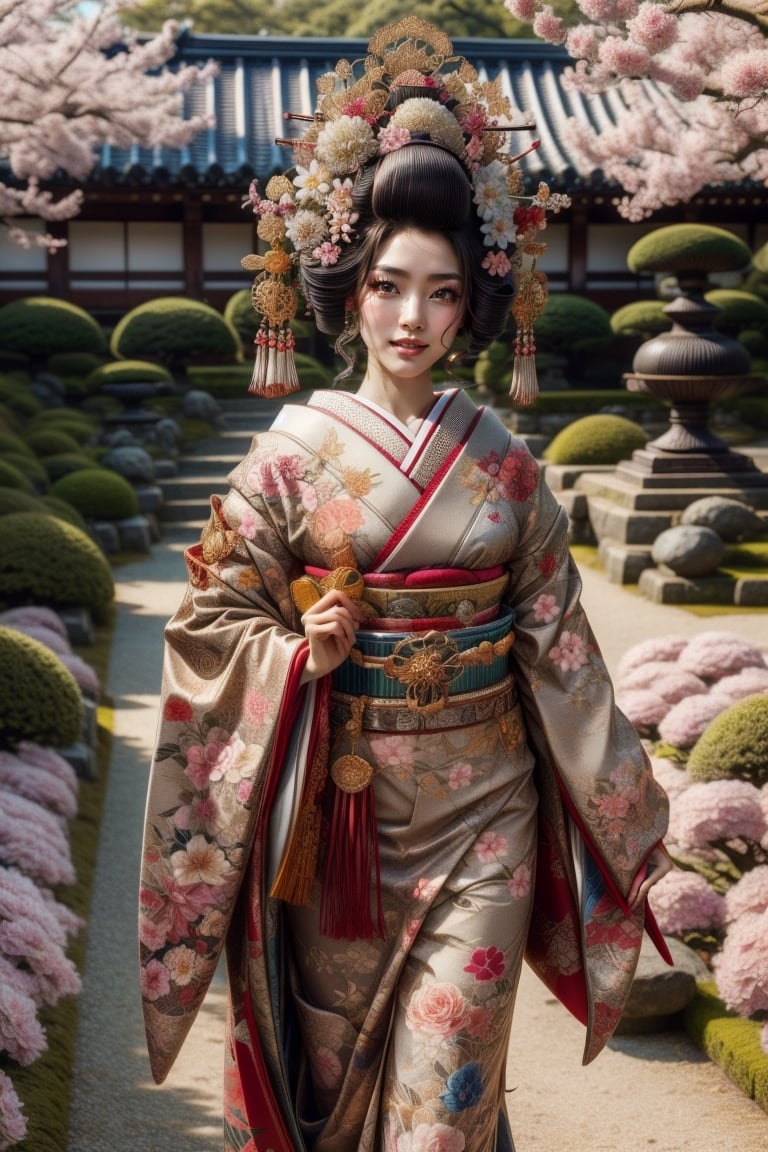 japanese  geisha in one layer red traditional dress with flowers on her hair, gorgeous, garden, walking looking up to the sky, blossom flowers background ,beautful smile, full makeup, big eyes, one belt only
Masterpiece , 
 ,photorealistic,firefliesfireflies