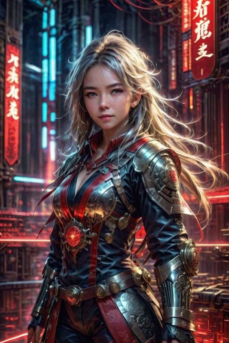 masterpiece,best quality,official art, extremely detailed CG unity 8k wallpaper,absurdres,8k resolution,medium shot,Depth of field,exquisite facial features,prefect face,cyberpunk,girl,solo,ninja,long hair,silver hair,((red neckerchief)).((Mechanical)++ armor  complex     multi-layered ,extremely meticulous,Mechanical   samurai katana sword  )) ,temple,Cinematic Lighting,glass,hdsrmr,steampunk style