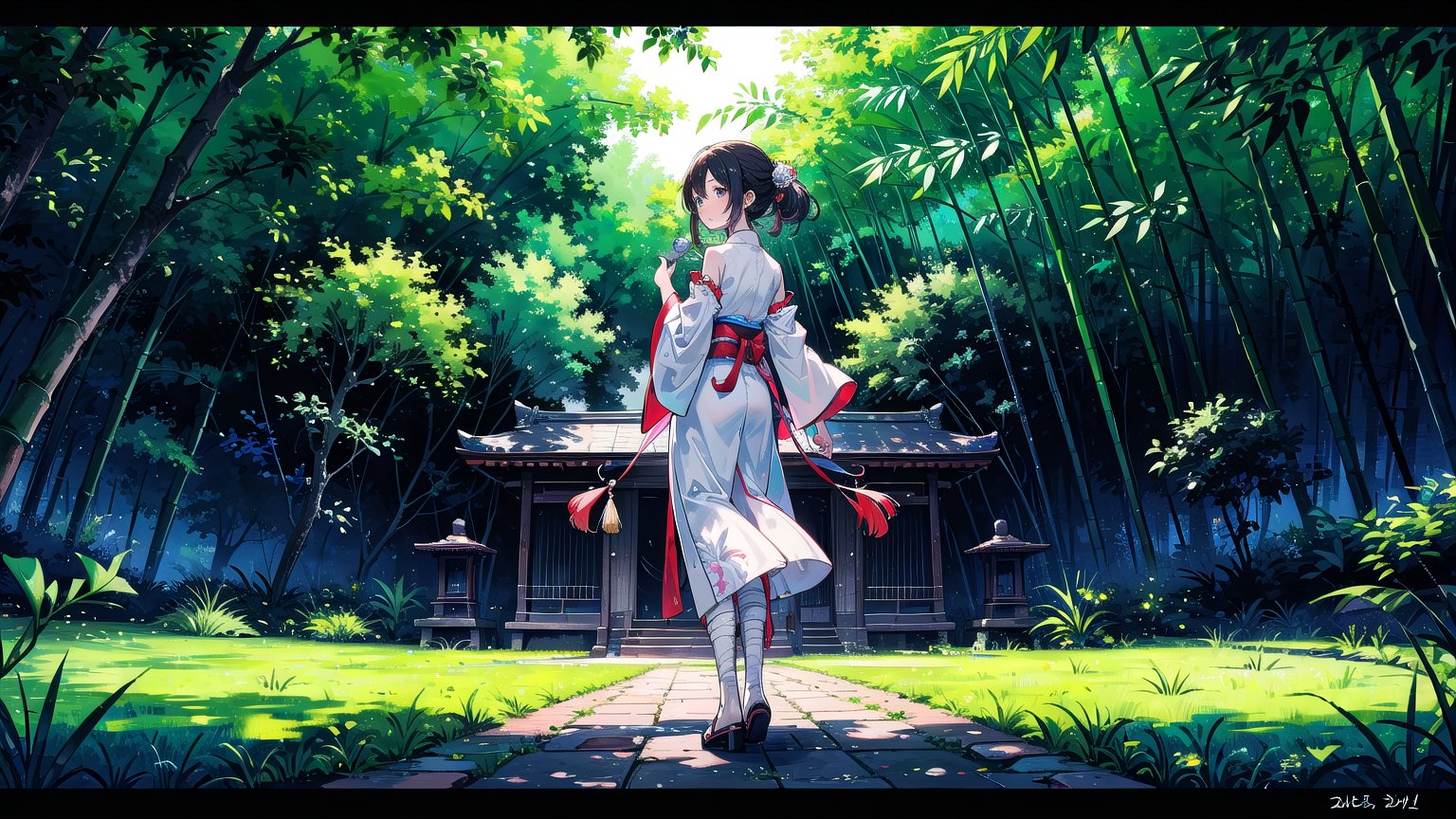 1girl, architecture, bamboo, bamboo_forest, bandaged_arm, bandaged_leg, bandages, bridge, building, day, east_asian_architecture, forest, grass, japanese_clothes, male_focus, nature, outdoors, pom_pom_\(clothes\), rain, scenery, shrine, solo, standing, torii, tree,  water, weapon, backlight, colors