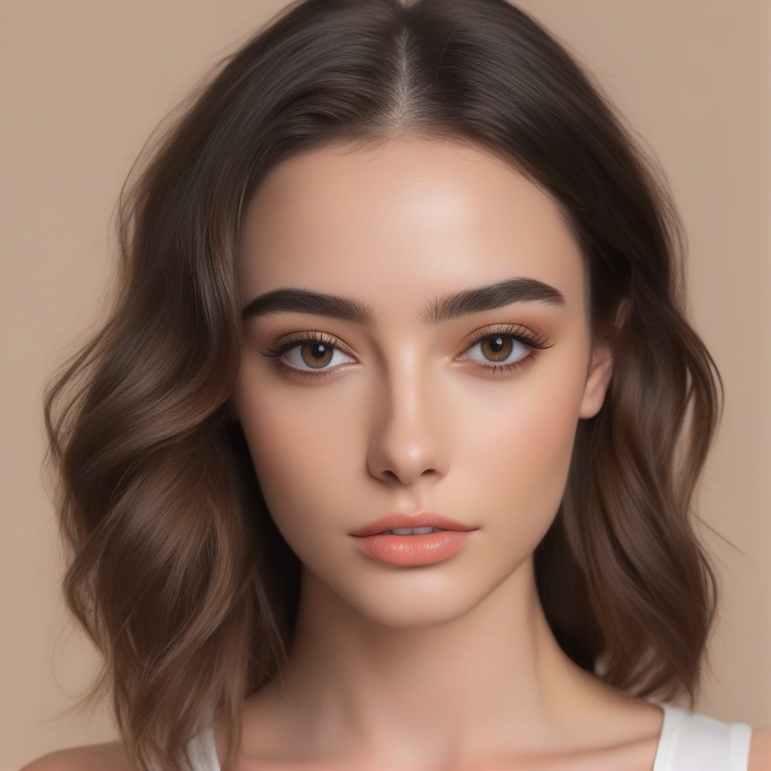  realistic photo of a stylish young woman with large, captivating eyes, thick eyebrows, a strong jawline, high cheekbones, and a natural complexion. Her hair is in loose waves. slim boned, long limbed, lithe and with very little body fat and little muscle .Highlighting her as a modern,YaelShelbia,Young Girl