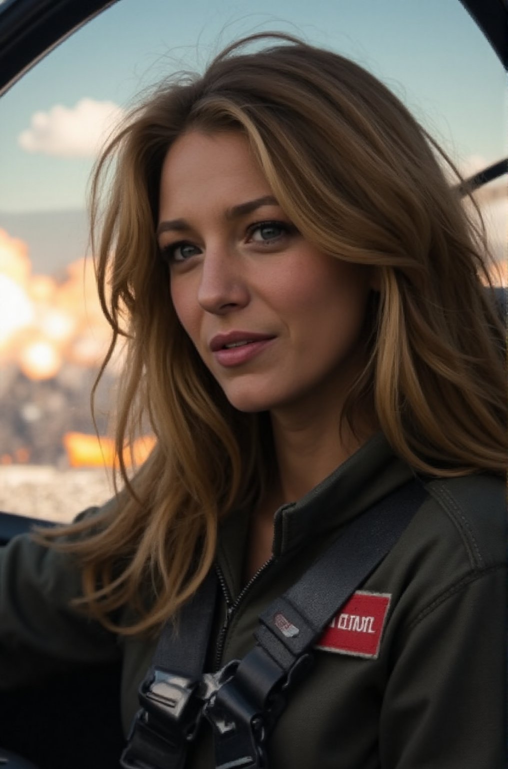 Blake Lively, 16K, UHD, long dark brown hair, action shot of Blake Lively, dressed in combat jumpsuit, sitting inside an F-22 cockpit in flight. Airfight, The big background is filled with explosions and a chaotic sky, holding the flight controls. The overall atmosphere is intense and high-stakes