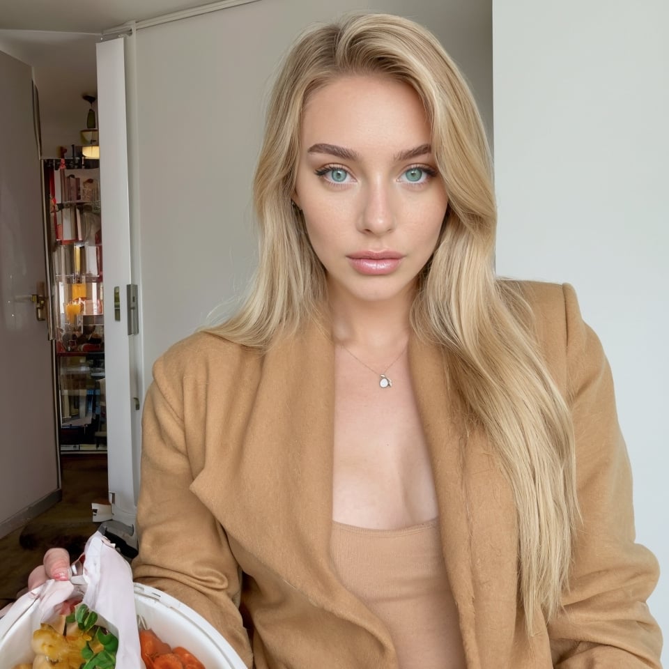 young American woman, 23 years old, blonde hair. green eyes wearing a white sweatshirt, beige coat and jeans eating lunch
