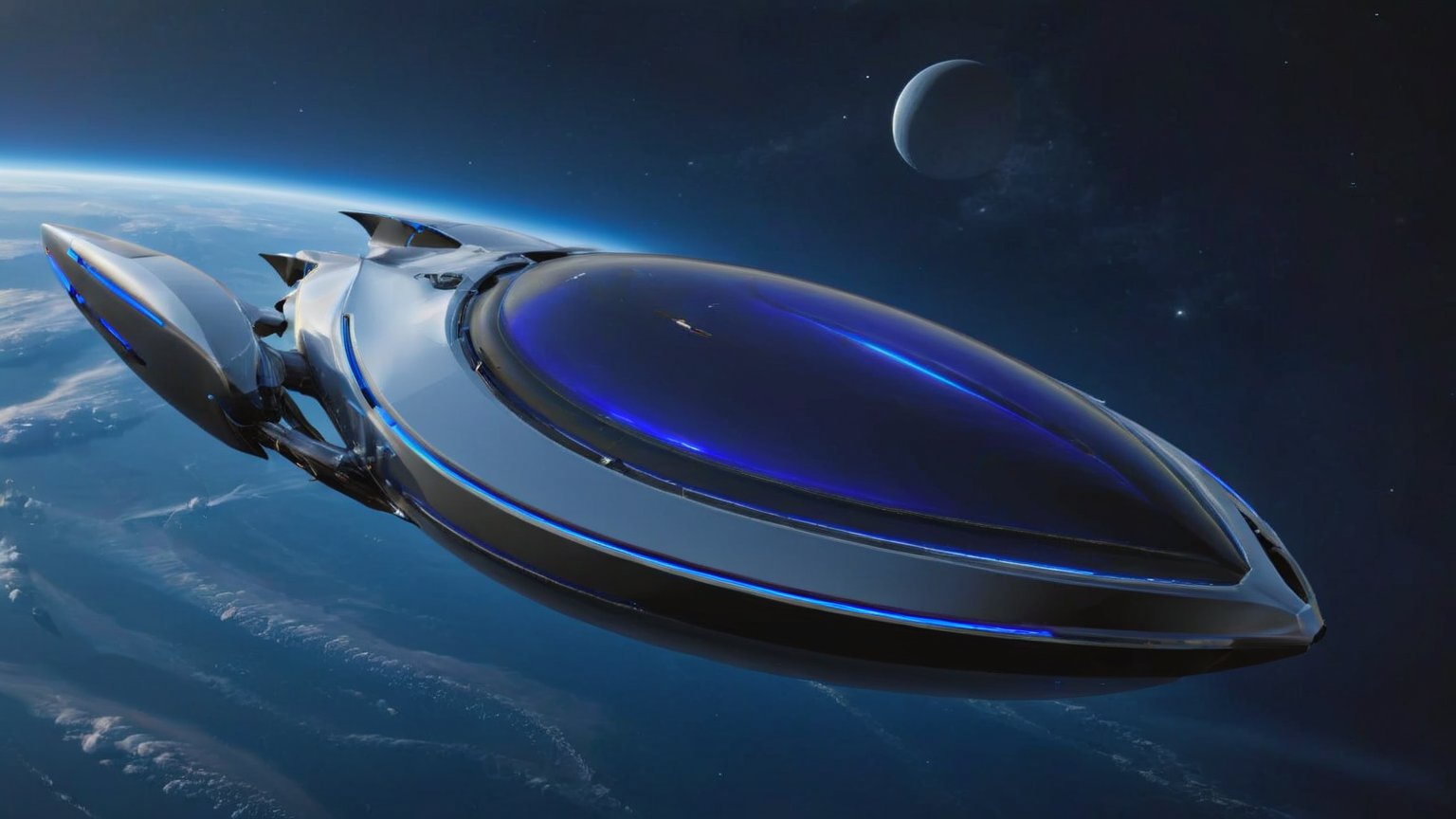  Ultra realistic 8K image, aircraft of a Shiny silver Massive futurist spaceship with blue Neon edges and borders, parked on the ground in a space port hanger inspired by cyberpunk,wedge-shaped,  space area background, (Front Side view), sharp focus, symmetrical,fly ship ,spcrft,(Volkswagen Beetle: 0.5),Starship,no wheels,in sky,Antigravity suspension,The metal is smooth and seamless,no Joint groove,Light halo,Dim light,No ground shadow,no Engine blade,