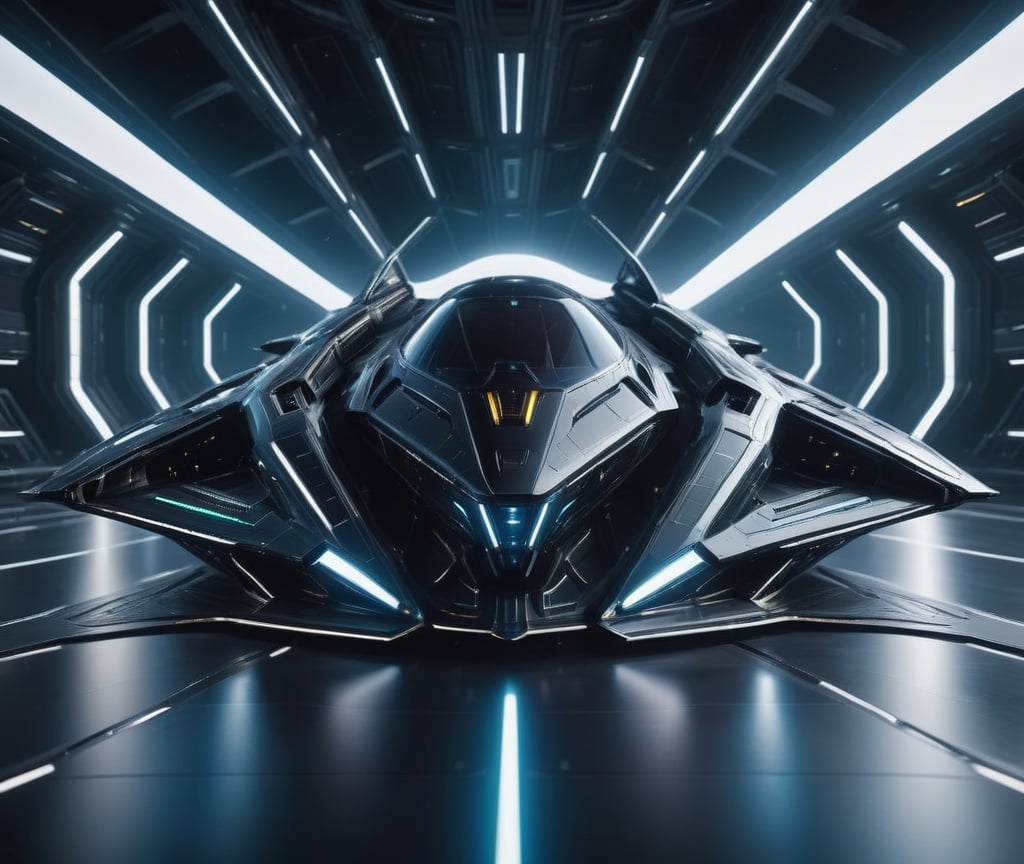  Ultra realistic 8K image, of a Shiny black Massive futurist spaceship with light edges and borders, parked on the ground in a space port hanger inspired by cyberpunk, Black,  space area background, (Front Side view), sharp focus, symmetrical,fly car ,spcrft,Lamborghini 1980,Starship,HuracánCar,futuristic car