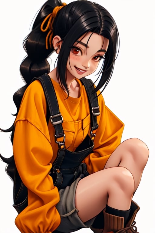 woman with long black hair tied up, wearing short overalls, no shirt, wearing big brown boots, long socks, smile, 8K, ultra realistic, semi realistic, 3D realistic anime,