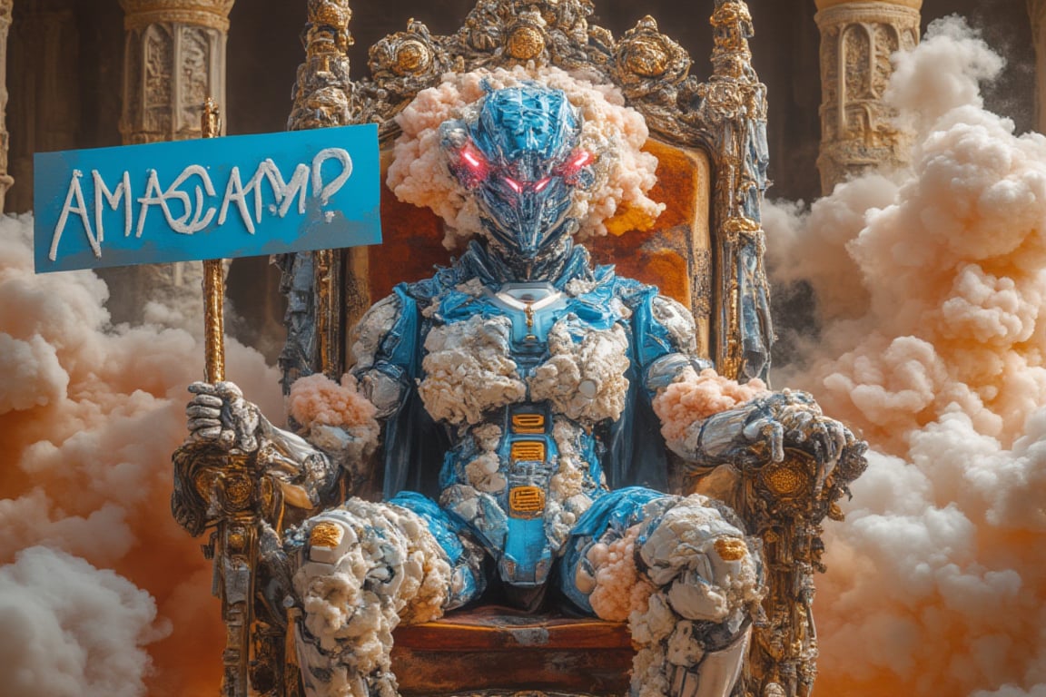 Full body Bobotflux humanoid robot as king in a style of cloudy fused with surreallofi ,sitting in his thrones while holding a sign "AMACAM?", surreal.