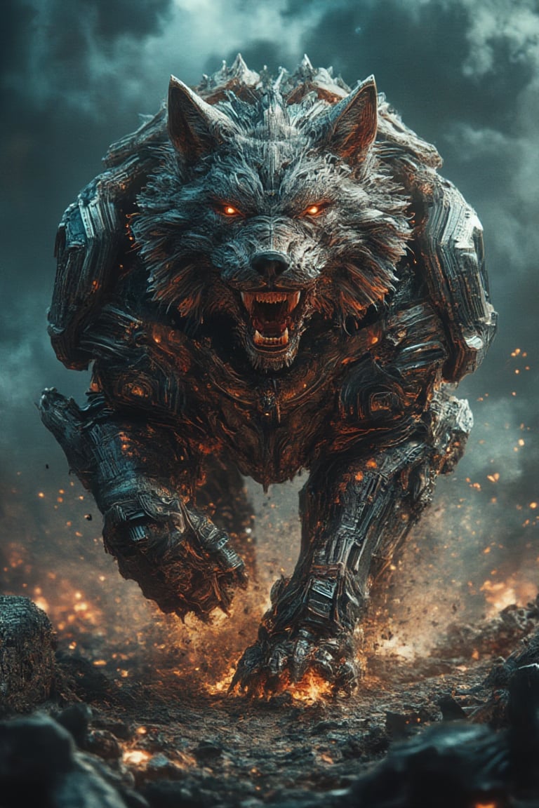  A massive, menacing cybernetic wolf with a heavily bajukertas armored, mechanical body, snarling as it charges through a dark, smoky BatikPattern battlefield. Its body glows from within with a fiery orange-red light, illuminating intricate details in its metal plating and revealing molten energy coursing through its mechanical veins. The wolf’s sharp, angular features and fierce expression create a sense of unstoppable power. The environment is filled with swirling smoke, glowing embers, and scattered particles, adding to the chaotic, apocalyptic atmosphere. The high-contrast lighting highlights the charred, rough metal textures and the sleek, polished armor pieces, casting dramatic shadows that enhance the intensity of this hyperrealistic, cinematic scene.,