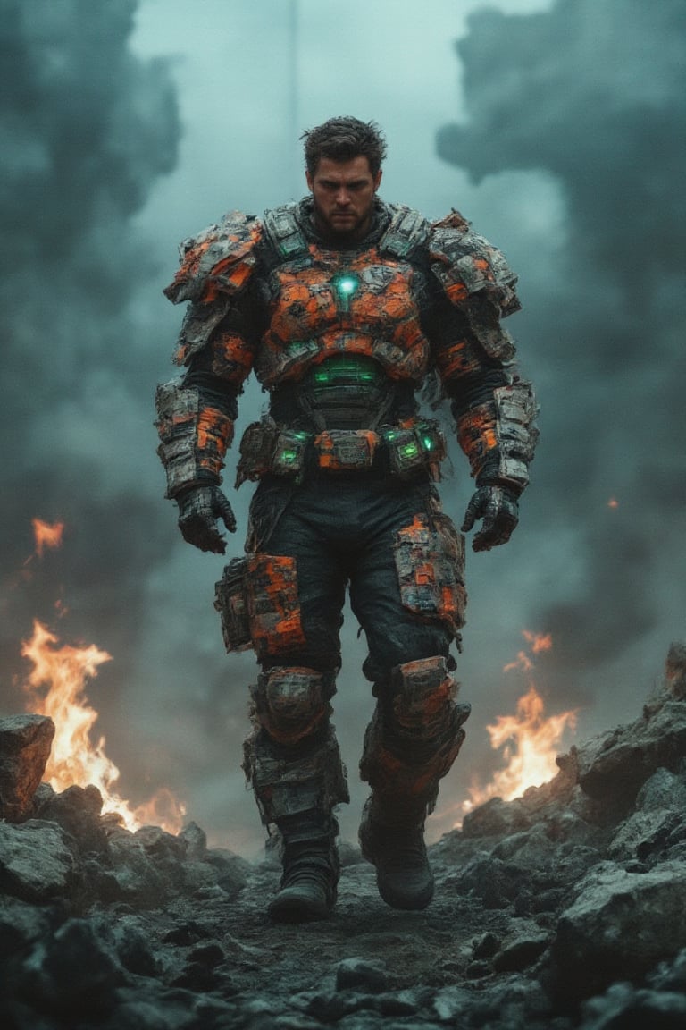 An imposing, masculine figure emerges from a scene of fractured rock formations and glowing embers, dressed in a fusion of high-tech hacker gear and ,bajukertas rugged, sci-fi armor. His robotic suit features cracked, newspaper-textured details, with neon-green displays and fractal circuitry glowing through the cracks, evoking a hacker aesthetic. The armor is a mix of vibrant orange and deep metallic tones, enhanced by dramatic, high-contrast lighting that illuminates his intense expression and the fractured surfaces. Surrounding him, the air is filled with cosmic mist and swirling nebula threads, blending superhero energy with the gritty reality of an apocalyptic setting. The atmosphere is surreal, intense, and otherworldly, as if he stands as both a savior and a digital warrior in a collapsing, futuristic world.,RAW