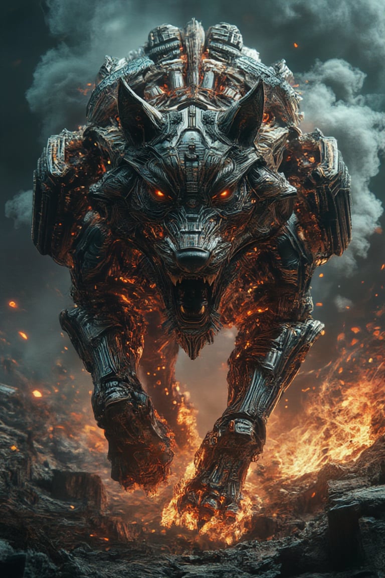  A massive, menacing cybernetic wolf with a heavily bajukertas armored, mechanical body, snarling as it charges through a dark, smoky BatikPattern battlefield. Its body glows from within with a fiery orange-red light, illuminating intricate details in its metal plating and revealing molten energy coursing through its mechanical veins. The wolf’s sharp, angular features and fierce expression create a sense of unstoppable power. The environment is filled with swirling smoke, glowing embers, and scattered particles, adding to the chaotic, apocalyptic atmosphere. The high-contrast lighting highlights the charred, rough metal textures and the sleek, polished armor pieces, casting dramatic shadows that enhance the intensity of this hyperrealistic, cinematic scene.,