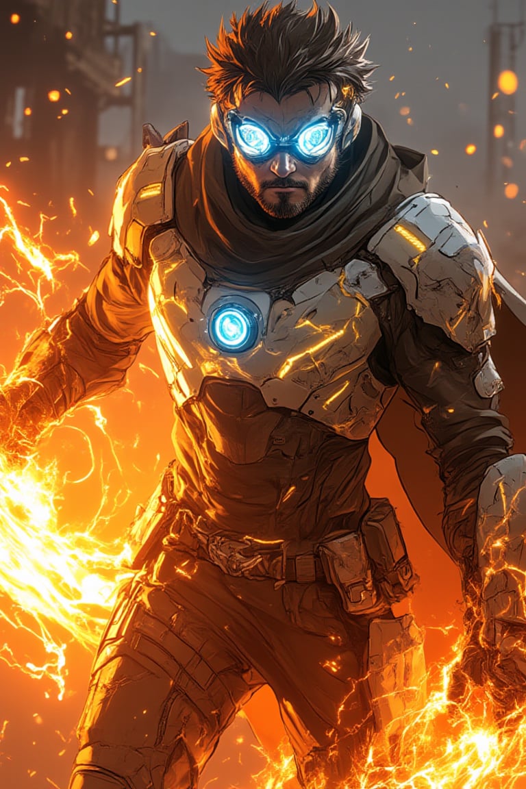 A futuristic Bobotflux,warrior stands confidently, wearing high-tech armor with intricate golden details, and round goggles reflecting blue light in faiya style. He wields swirling, vibrant flames that encircle his arms in fiery arcs. The scene is set in an industrial, slightly blurred background with warm, glowing tones. The intense lighting highlights the character's determined expression and the sleek, metallic texture of his armor, giving the image a sense of dynamic motion and powe,,Fantasy detailers,Fantasy detailers 