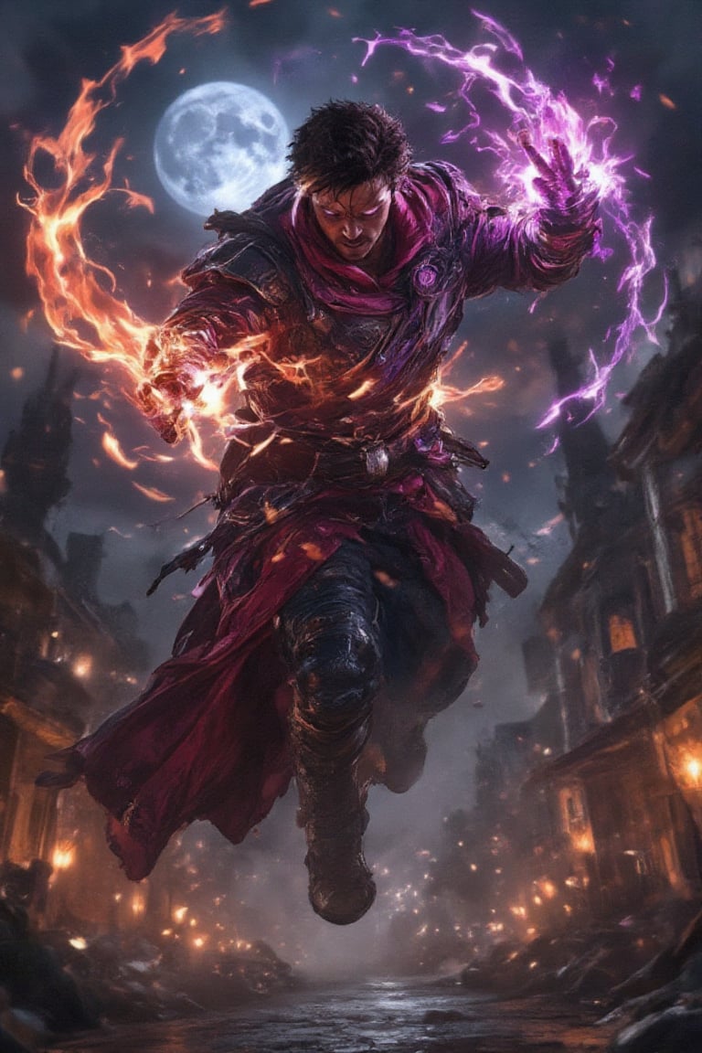  A intense mystical figure inspired by Doctor Strange floats above a haunted, gothic city on Halloween night, his flowing cape billowing around him. His hands glow with swirling orange and purple energies, forming intricate magical symbols in the air. The character’s eyes shimmer with a ghostly light as he channels powerful spells, the soft glow of Jack-o'-lanterns reflecting off his armor, which is subtly adorned with cobwebs and eerie engravings. The full moon casts an eerie blue light over the cobblestone streets, while mist swirls around his feet, adding to the supernatural atmosphere. The air crackles with energy as the figure hovers, casting protective spells and preparing for battle against unseen forces. The scene is bathed in rich purples, oranges, and deep blacks, with the glowing symbols and magical runes creating a haunting, yet awe-inspiring Halloween ambiance.,RAW