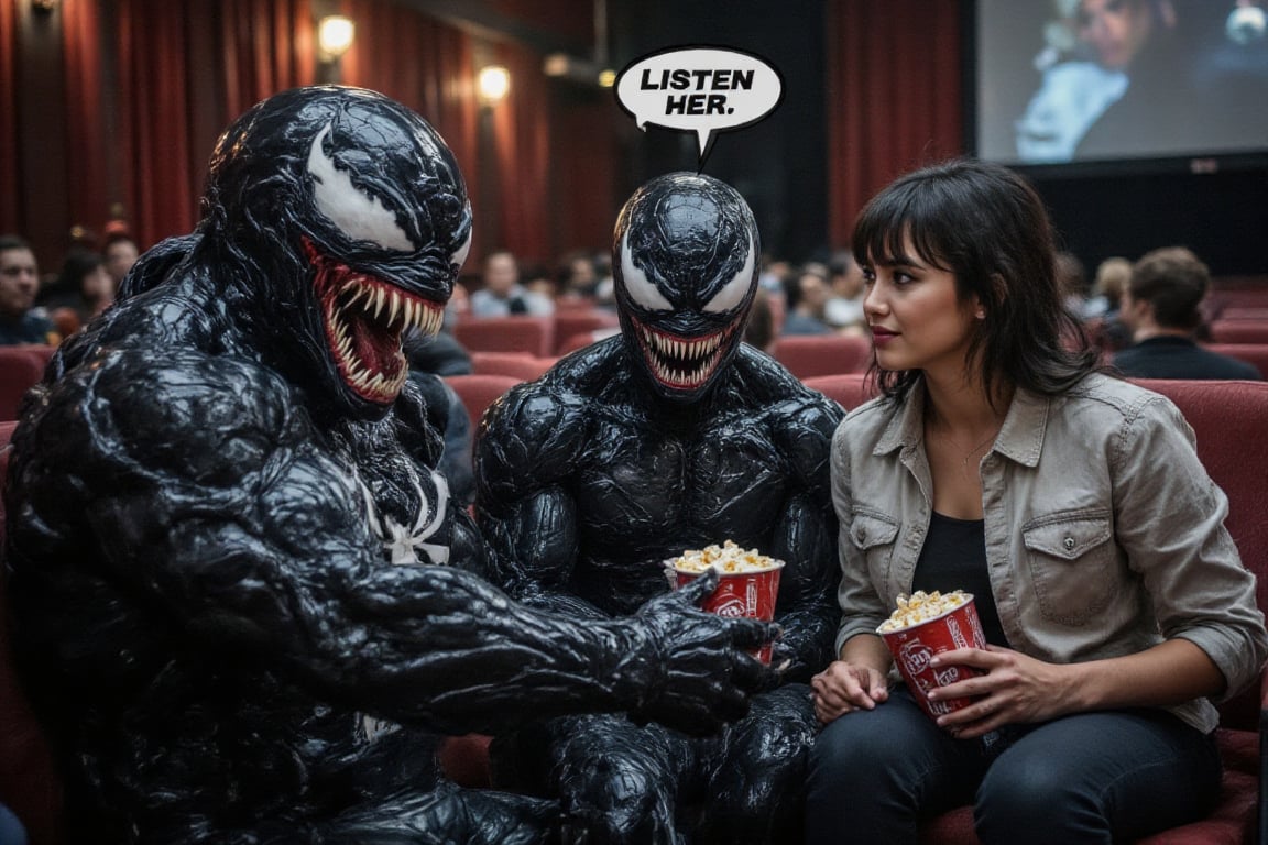 A satirical candid illustration of a scene inside a cinema. Venom is shutting Eddie's mouth while Eddie is holding a popcorn. Eddie's girlfriend is talking to him. Venom is saying to Eddie in bubble text "Listen to her". The background is a cinema with seats and a screen.,RAW,venomstroke