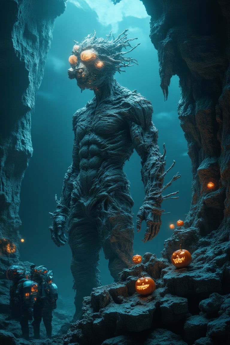 In a mist-filled underground cave, a massive, intricately designed bajukertas Halloween watermodel monster looms with a giant, glowing pumpkin head and a twisted, dead tree-like body. The soft, eerie light casts long shadows, adding to the hazy atmosphere. The monster’s body is adorned with glowing gears, tubes, and claw-like appendages, each casting a soft, spooky glow. At the bottom, a group of divers with a vintage diving bell observes the monster from a safe distance, hinting at a treasure-hunting expedition turned nightmare. In the foreground, a close-up of a strange, human-like hand shows each finger transformed into tiny, expressive Halloween pumpkins. Each finger sports a unique face, with one smiling, another frowning, a third showing surprise, and others pouting or whistling. The detailed features include lips, teeth, and tiny, playful tongues. The hand stands out against a simple, neutral background, adding a touch of humor and cuteness to this eerie, Halloween-themed scene.,