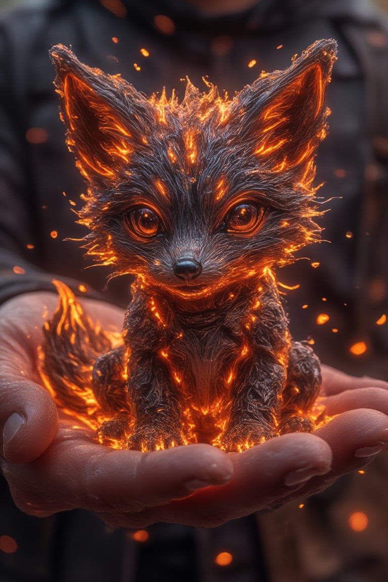  A smallfireanimal resembling a fox, with fiery fur and intricate Fantasy detailers etched into its form, rests gently in a hand. Tiny roborobo android sparks float around it, enhancing the magical atmosphere as the flames flicker softly.