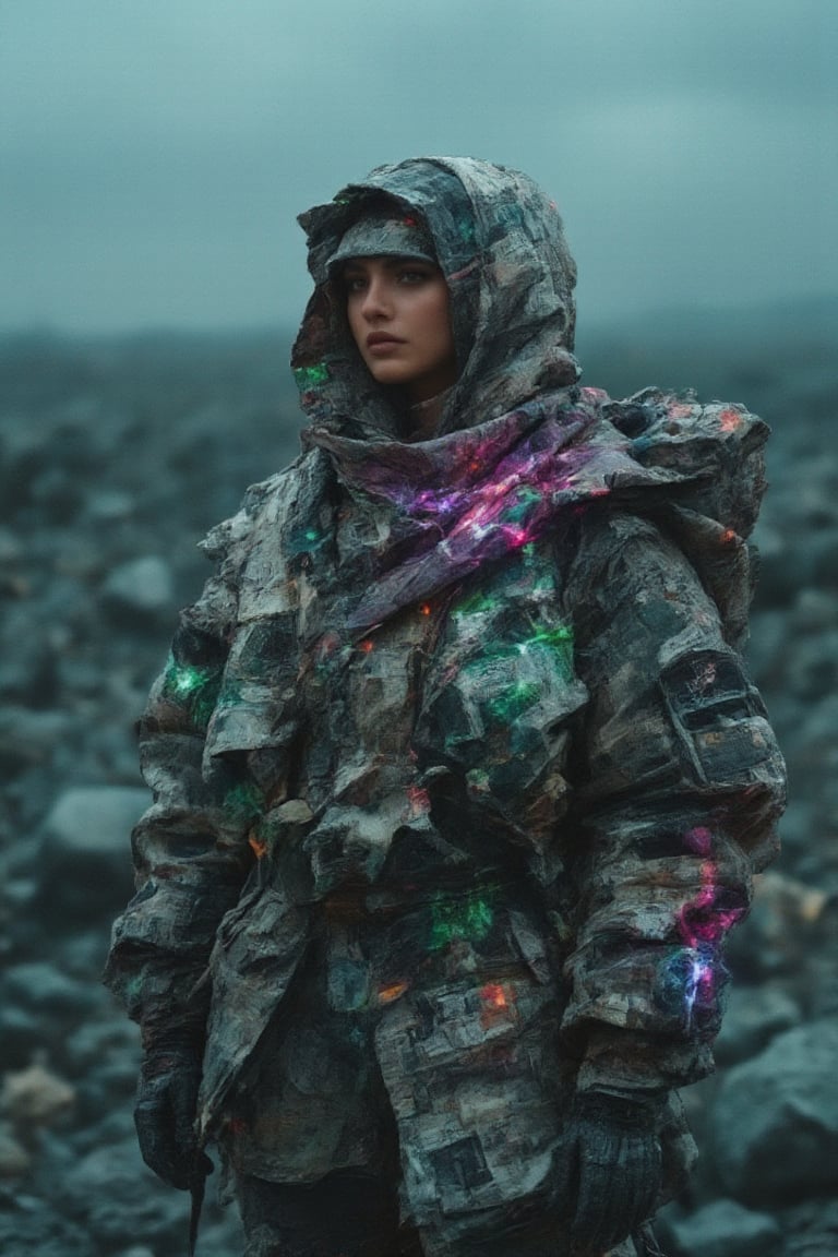 A powerful female figure with a hijab, adorned in sleek, high-tech hacker gear fused with bajukertas rugged sci-fi armor, stands in an apocalyptic landscape of fractured rocks and swirling cosmic mist. Her hijab, intricately detailed with glowing circuitry and cosmic threads, flows elegantly as she radiates a superheroic presence. Vibrant neon greens and deep metallic blues reflect off her armor, which features cracked, newspaper-like textures and luminous, fractal designs. The intense, high-contrast lighting highlights her determined expression, casting vibrant glows against the smoldering background. She embodies strength, grace, and technological prowess, appearing as a digital warrior in a world of chaos, with a surreal and otherworldly atmosphere.,RAW,