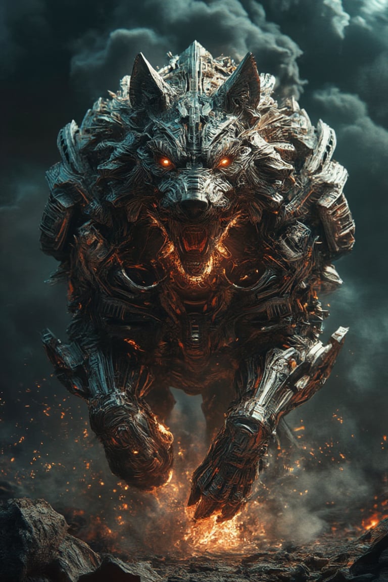  A massive, menacing cybernetic wolf with a heavily bajukertas armored, mechanical body, snarling as it charges through a dark, smoky BatikPattern battlefield. Its body glows from within with a fiery orange-red light, illuminating intricate details in its metal plating and revealing molten energy coursing through its mechanical veins. The wolf’s sharp, angular features and fierce expression create a sense of unstoppable power. The environment is filled with swirling smoke, glowing embers, and scattered particles, adding to the chaotic, apocalyptic atmosphere. The high-contrast lighting highlights the charred, rough metal textures and the sleek, polished armor pieces, casting dramatic shadows that enhance the intensity of this hyperrealistic, cinematic scene.,