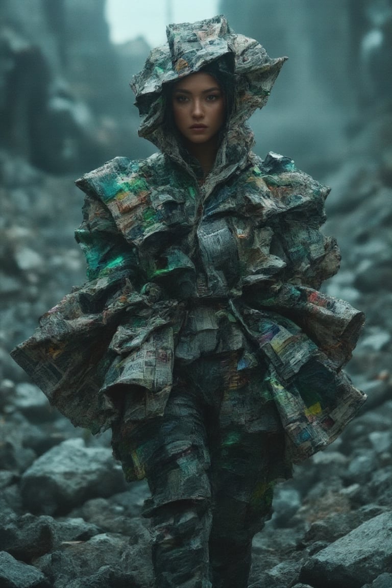 A powerful female figure with a hijab, adorned in sleek, high-tech hacker gear fused with bajukertas rugged sci-fi armor, stands in an apocalyptic landscape of fractured rocks and swirling cosmic mist. Her hijab, intricately detailed with glowing circuitry and cosmic threads, flows elegantly as she radiates a superheroic presence. Vibrant neon greens and deep metallic blues reflect off her armor, which features cracked, newspaper-like textures and luminous, fractal designs. The intense, high-contrast lighting highlights her determined expression, casting vibrant glows against the smoldering background. She embodies strength, grace, and technological prowess, appearing as a digital warrior in a world of chaos, with a surreal and otherworldly atmosphere.,RAW,