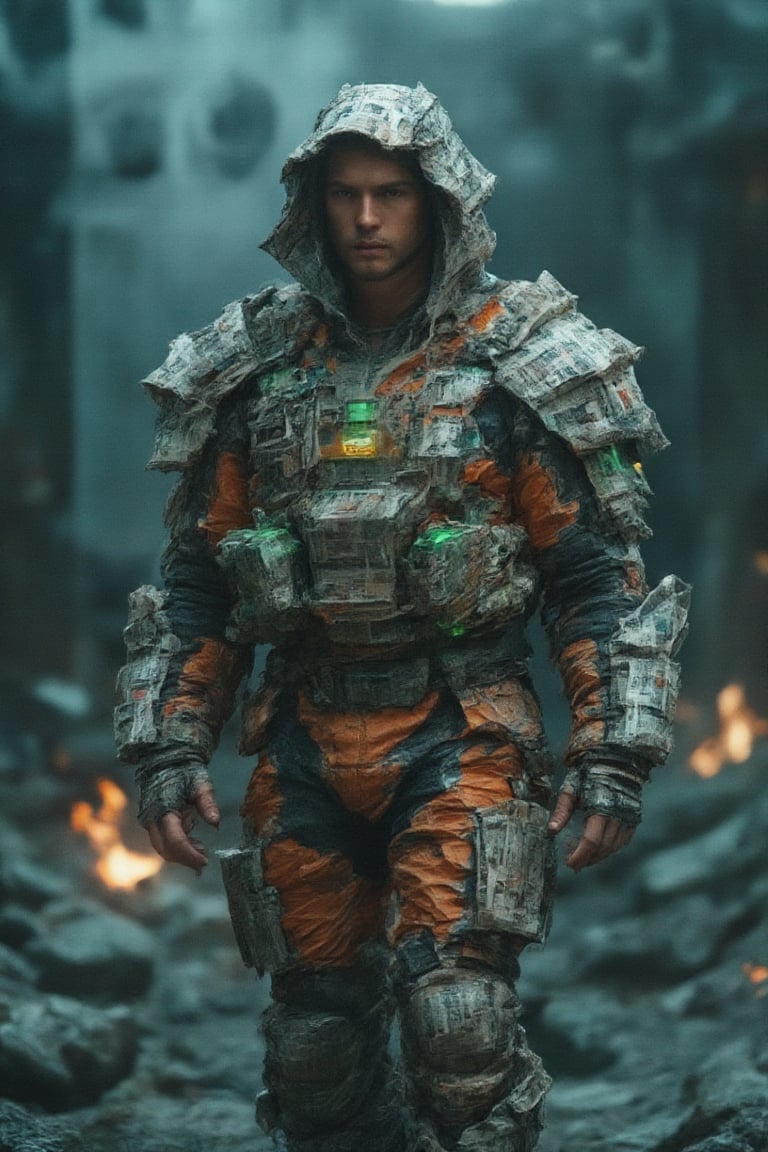 An imposing, masculine figure emerges from a scene of fractured rock formations and glowing embers, dressed in a fusion of high-tech hacker gear and ,bajukertas rugged, sci-fi armor. His robotic suit features cracked, newspaper-textured details, with neon-green displays and fractal circuitry glowing through the cracks, evoking a hacker aesthetic. The armor is a mix of vibrant orange and deep metallic tones, enhanced by dramatic, high-contrast lighting that illuminates his intense expression and the fractured surfaces. Surrounding him, the air is filled with cosmic mist and swirling nebula threads, blending superhero energy with the gritty reality of an apocalyptic setting. The atmosphere is surreal, intense, and otherworldly, as if he stands as both a savior and a digital warrior in a collapsing, futuristic world.,RAW