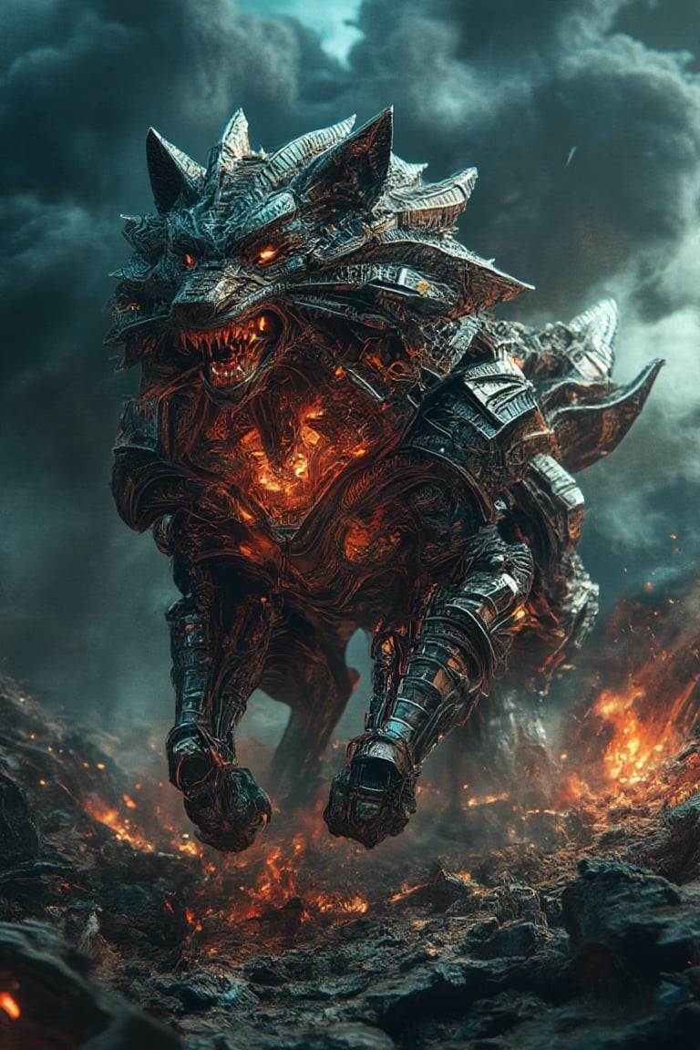  A massive, menacing cybernetic wolf with a heavily bajukertas armored, mechanical body, snarling as it charges through a dark, smoky BatikPattern battlefield. Its body glows from within with a fiery orange-red light, illuminating intricate details in its metal plating and revealing molten energy coursing through its mechanical veins. The wolf’s sharp, angular features and fierce expression create a sense of unstoppable power. The environment is filled with swirling smoke, glowing embers, and scattered particles, adding to the chaotic, apocalyptic atmosphere. The high-contrast lighting highlights the charred, rough metal textures and the sleek, polished armor pieces, casting dramatic shadows that enhance the intensity of this hyperrealistic, cinematic scene.,