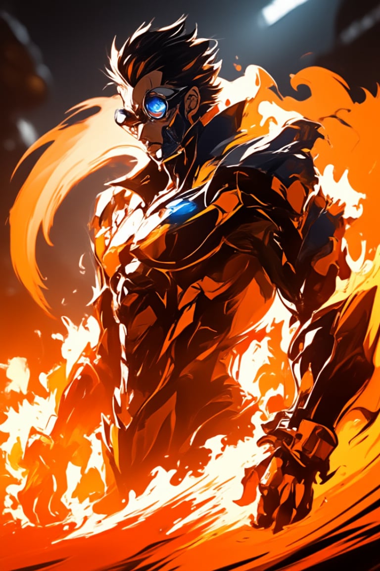 A futuristic Bobotflux,warrior stands confidently, wearing high-tech armor with intricate golden details, and round goggles reflecting blue light in redniji style. He wields swirling, vibrant flames that encircle his arms in fiery arcs. The scene is set in an industrial, slightly blurred background with warm, glowing tones. The intense lighting highlights the character's determined expression and the sleek, metallic texture of his armor, giving the image a sense of dynamic motion and powe,,Fantasy detailers 