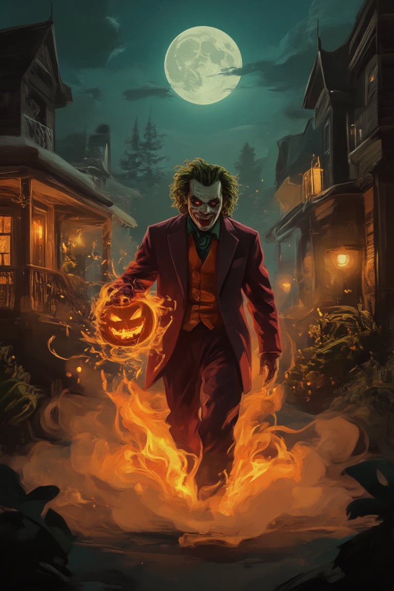 A haunting kunangkuning Halloween scene: A fog-shrouded Victorian street is bathed in an eerie orange glow from flickering Jack-o'-lanterns and dim lamps. The aurastroke Joker's menacing figure emerges, his purple suit stark against the misty backdrop. His twisted grin is illuminated by a glowing pumpkin as he prowls, his wild green hair and grotesque makeup giving him an otherworldly presence. Cobweb-covered houses loom in the distance, their windows adorned with eerie decorations. A full moon casts a cold glow above, as fog swirls around the Joker's feet. His maniacal laughter echoes through the quiet night, his chaotic energy blending with the spooky atmosphere.,