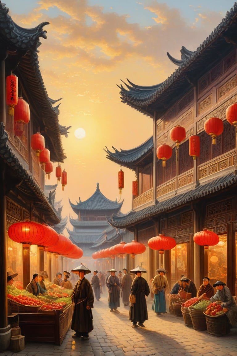 A fascinating, cinematic painting depicts the bustling streets of Suzhou, China, in the 18th century, where elegantly dressed nobles mingle with street people. The cobblestone streets are lined with charming shops and cafes, creating a vibrant atmosphere. Street vendors are setting up stalls filled with fresh fruits and vegetables. The Grand Opera House in the background, with its magnificent columns and intricate facade, casts a warm golden glow over the entire scene. This artwork cleverly captures the grandeur of the era while also revealing the harsh realities of city life. , Painting, Film