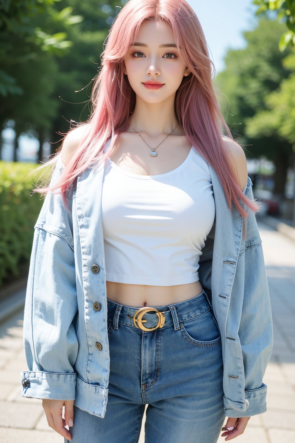 A young woman with vibrant pink hair and long locks framing her heart-shaped face. She gazes directly at the viewer, a warm smile spreading across her closed-mouthed lips. Her green eyes sparkle as she wears a white shirt with a jacket open to reveal a belt and necklace. A bag slung over her shoulder, she stands confidently, her denim jacket worn over a blue one, creating a sense of depth and texture in the blurred background.,Xyunxiao,(big breasts:1.39),