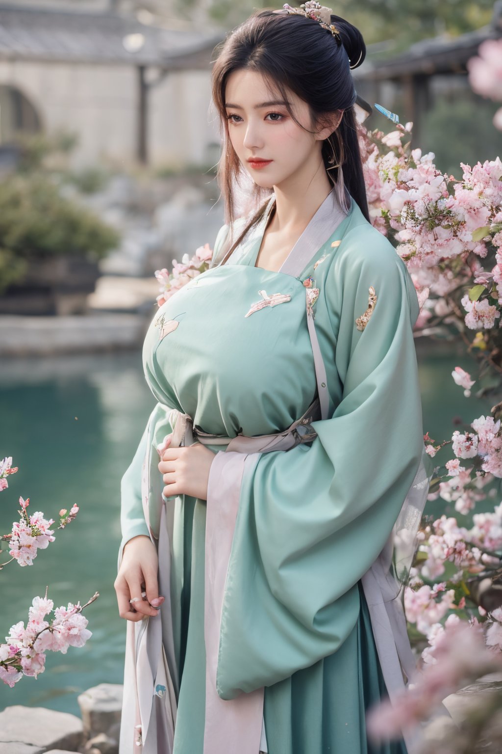 (masterpiece, best quality:1.2), highres, extremely detailed, 1 girl, purple hair, eye highlights,BREAK,(dark green hanfu dress:1.39), frills, outdoors, flower, fluttering petals, upper body, depth of field,pastel color, Depth of field,garden of the sun,shiny,flowers, garden, 1girl, butterfly style, butterflies, ultra detailed, glary,Light, light particles,glitter,reflect,,(big breasts:1.69),Xyunxiao,(full moon:1.29),waterfall 