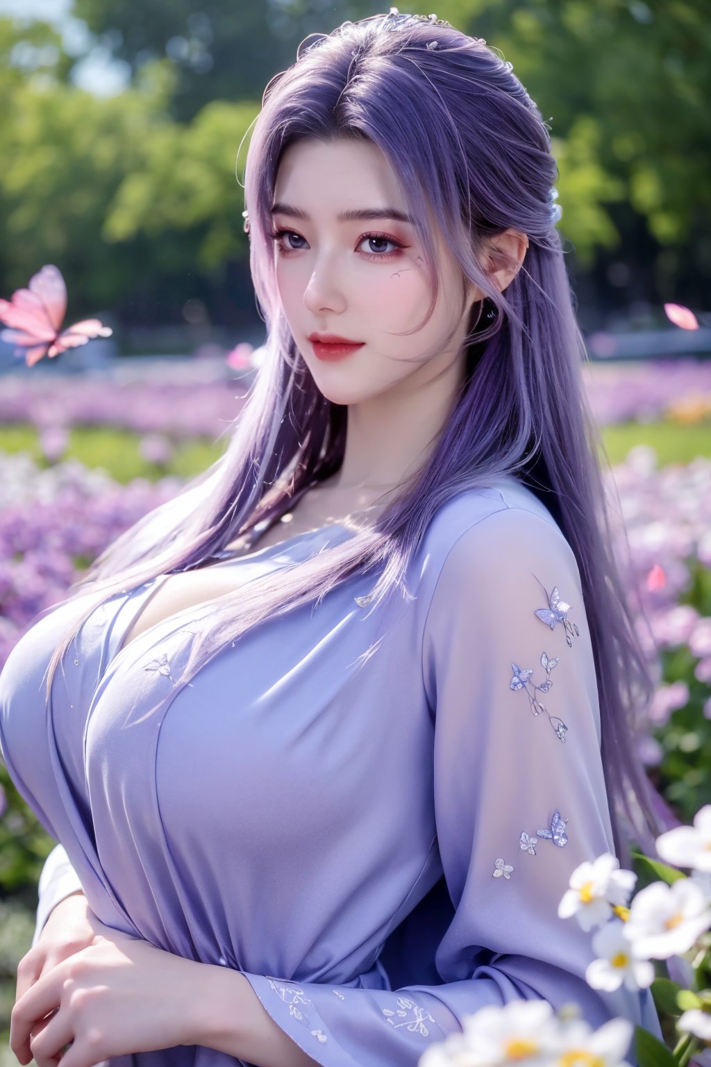 (masterpiece, best quality:1.2), highres, extremely detailed, 1 girl, purple hair, eye highlights,purple dress, frills, outdoors, flower, fluttering petals, upper body, depth of field,pastel color, Depth of field,garden of the sun,shiny,flowers, garden, 1girl, butterfly style, butterflies, ultra detailed, glary,Light, light particles,glitter,reflect,,(big breasts:1.29),Xyunxiao,sky_moon,Ziling