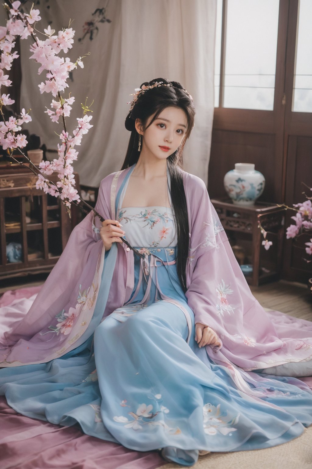 (masterpiece, best quality:1.2),1girl, solo, long hair, black hair,Hairpins,necklace, hair ornament, dress, full body, (huge breasts:2.29), (full breasts:1.69),flower, earrings, indoors, hair bun, (light purple-blue dress:1.29),(Tube top Hanfu long skirt:1.1), pillow, bed, night, chinese clothes, table, branch,daxiushan, ,daxiushan style,(huge breasts:2.39), (full breasts:1.79), realistic,hanfu, daxiushan,Shoulders are exposed, , daxiushan, arien_hanfu, FilmGirl,,Xyunxiao,weijin_hanfu,Xningyudie