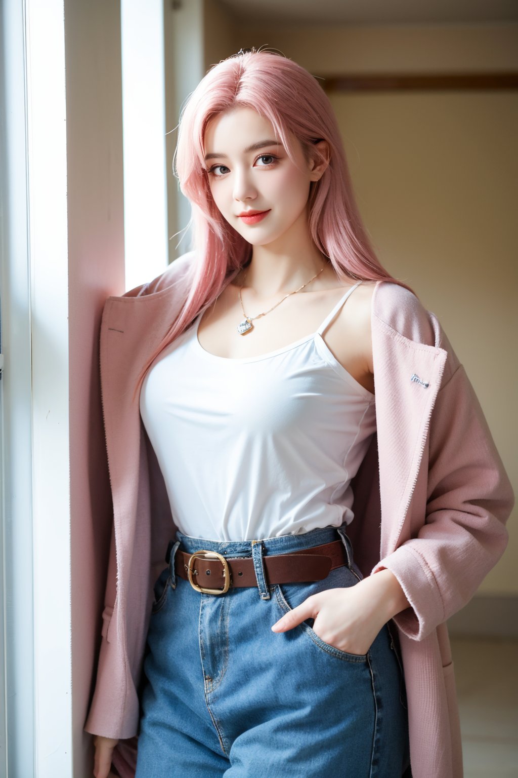 A young woman with vibrant pink hair and long locks framing her heart-shaped face. She gazes directly at the viewer, a warm smile spreading across her closed-mouthed lips. Her green eyes sparkle as she wears a white shirt with a jacket open to reveal a belt and necklace. A bag slung over her shoulder, she stands confidently, her denim jacket worn over a blue one, creating a sense of depth and texture in the blurred background.,Xyunxiao,(big breasts:1.39),