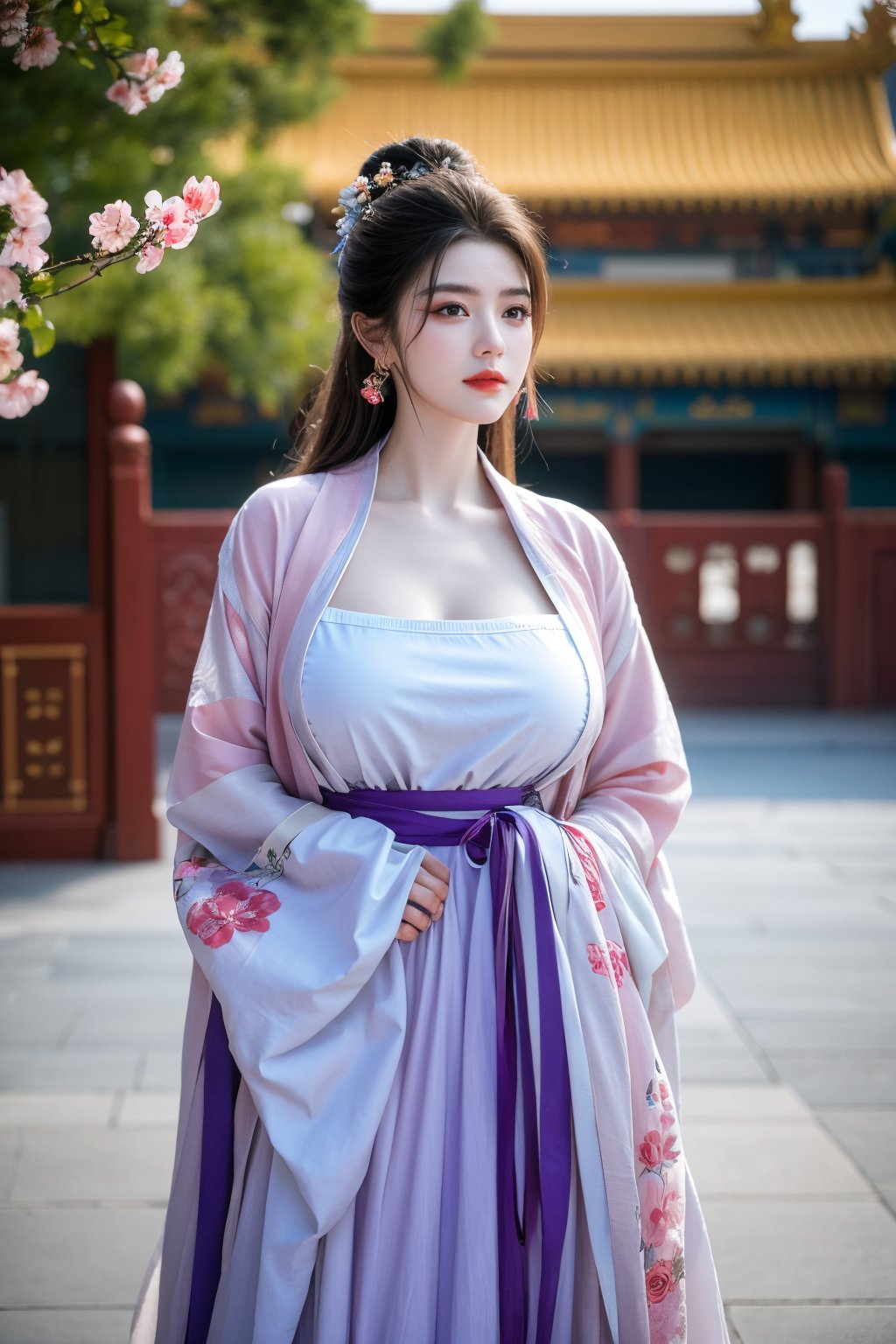 Masterpiece, Best Quality,young and beautiful Chinese girl wearing a cheongsam with coiled hair,wearing vintage Chinese earrings, (big breasts:1.39),1girl, half, (Masterpiece:1.2), best quality,arien_hanfu, 1girl, (pink flowers:1.29), (purple hanfu dress:1.29),looking_at_viewer, , (big breasts:1.53),Young beauty spirit,（The background is the Forbidden City1.39）,Xyunxiao