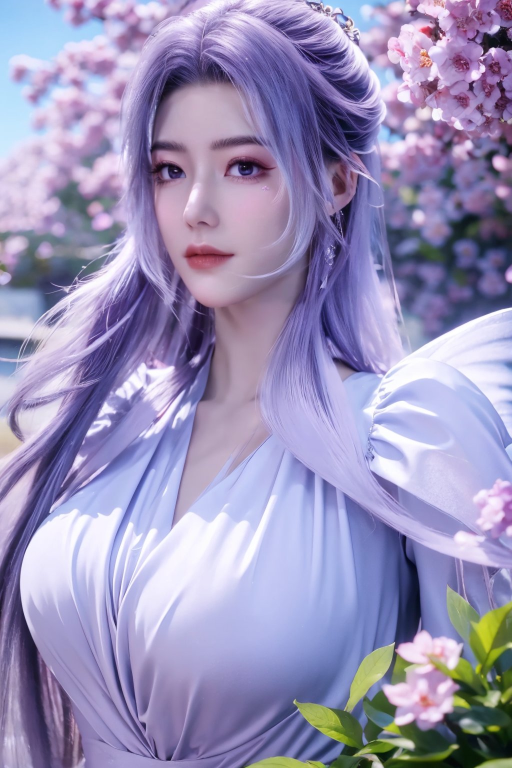 (masterpiece, best quality:1.2), highres, extremely detailed, 1 girl, purple hair, eye highlights,purple dress, frills, outdoors, flower, fluttering petals, upper body, depth of field,pastel color, Depth of field,garden of the sun,shiny,flowers, garden, 1girl, butterfly style, butterflies, ultra detailed, glary,Light, light particles,glitter,reflect,,(big breasts:1.29),Xyunxiao,sky_moon,Ziling