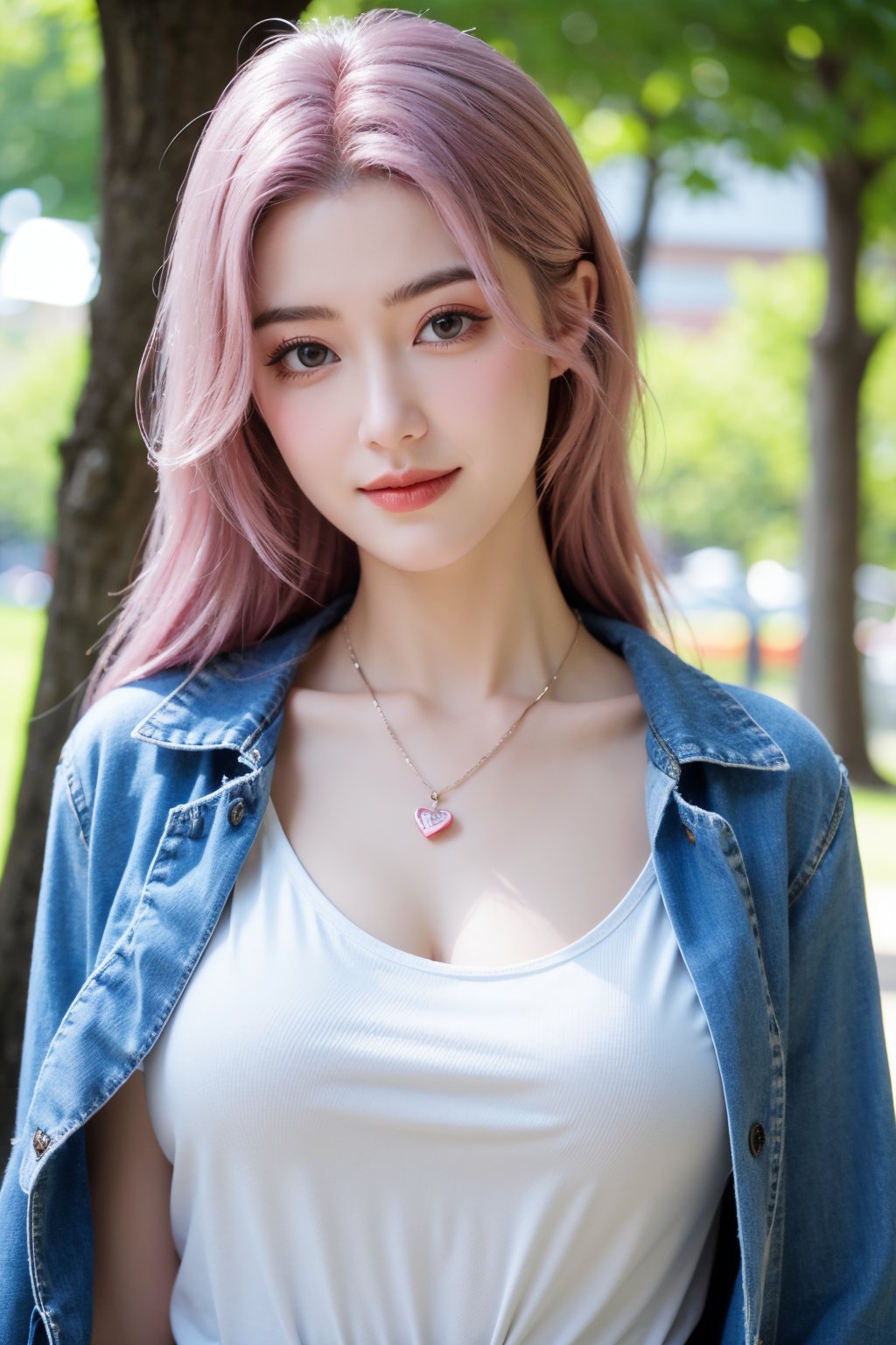 A young girl with vibrant pink hair and long locks framing her heart-shaped face. She gazes directly at the viewer, a warm smile spreading across her closed-mouthed lips. Her green eyes sparkle as she wears a white shirt with a jacket open to reveal a belt and necklace. A bag slung over her shoulder, she stands confidently, her denim jacket worn over a blue one, creating a sense of depth and texture in the blurred background.,Xyunxiao,(big breasts:1.69),Ziling