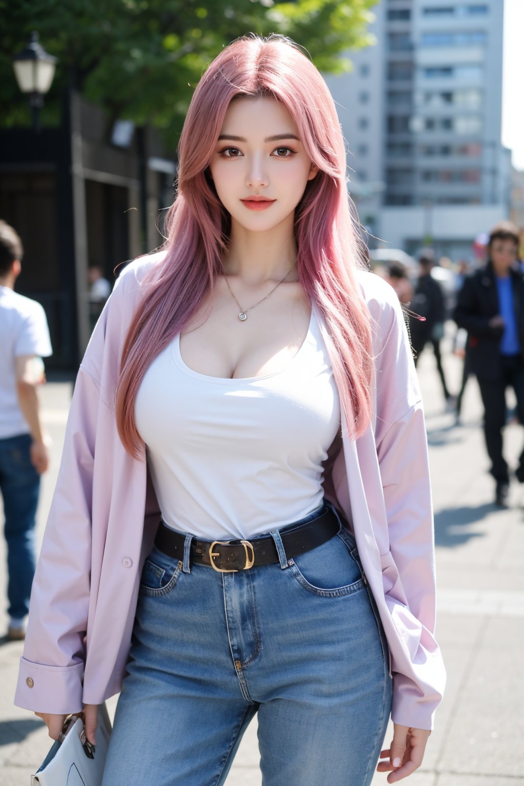 A young woman with vibrant pink hair and long locks framing her heart-shaped face. She gazes directly at the viewer, a warm smile spreading across her closed-mouthed lips. Her green eyes sparkle as she wears a white shirt with a jacket open to reveal a belt and necklace. A bag slung over her shoulder, she stands confidently, her denim jacket worn over a blue one, creating a sense of depth and texture in the blurred background.,Xyunxiao,(big breasts:1.69),Ziling