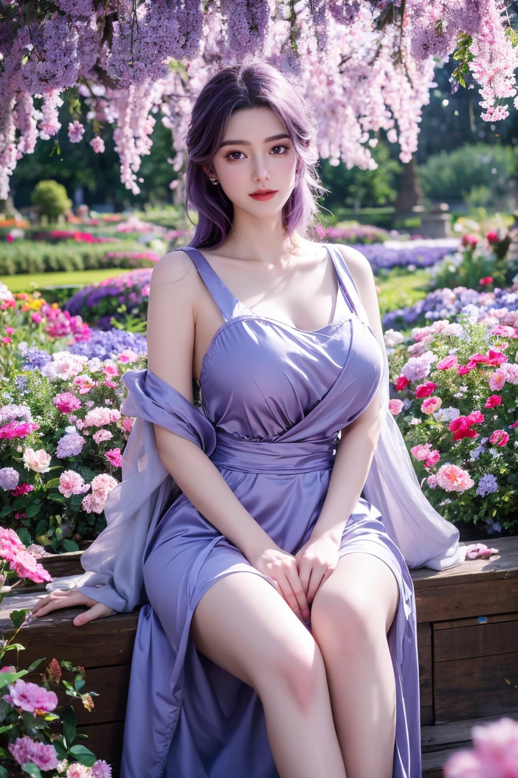 (masterpiece, best quality:1.2), highres, extremely detailed, 1 girl, purple hair, eye highlights,purple dress, frills, outdoors, flower, fluttering petals, full body, sitting,depth of field,pastel color, Depth of field,garden of the sun,shiny,flowers, garden, 1girl, butterfly style, butterflies, ultra detailed, glary,Light, light particles,glitter,reflect,,(big breasts:1.37),Xyunxiao,full moon