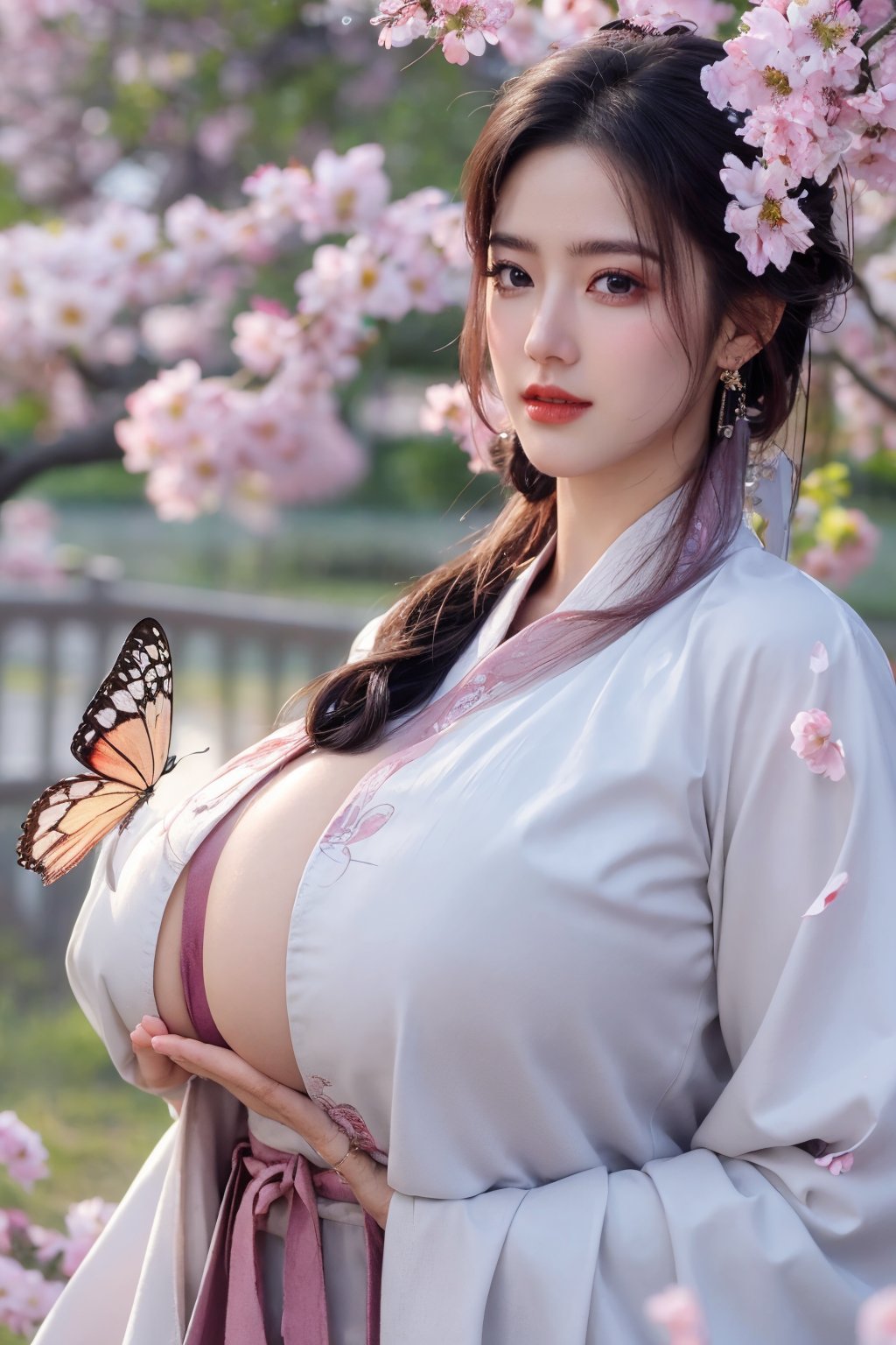 (masterpiece, best quality:1.2), highres, extremely detailed, 1 girl, purple hair, eye highlights,(light red hanfu dress:1.29), frills, outdoors, flower, fluttering petals, upper body, depth of field,pastel color, Depth of field,garden of the sun,shiny,flowers, garden, 1girl, butterfly style, butterflies, ultra detailed, glary,Light, light particles,glitter,reflect,,(big breasts:1.63),Xyunxiao,(full moon:1.23)