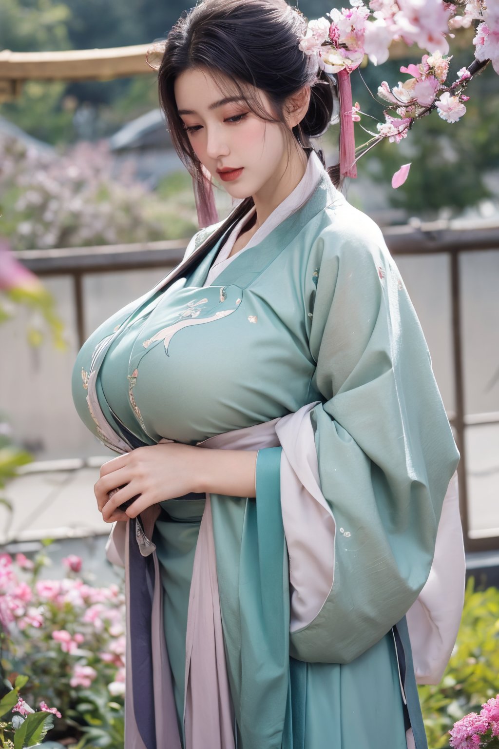 (masterpiece, best quality:1.2), highres, extremely detailed, 1 girl, purple hair, eye highlights,BREAK,(dark green hanfu dress:1.39), frills, outdoors, flower, fluttering petals, upper body, depth of field,pastel color, Depth of field,garden of the sun,shiny,flowers, garden, 1girl, butterfly style, butterflies, ultra detailed, glary,Light, light particles,glitter,reflect,,(big breasts:1.69),Xyunxiao,(full moon:1.29),waterfall 