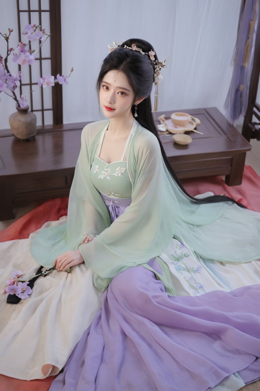 (masterpiece, best quality:1.2),1girl, solo, long hair, black hair,Hairpins,necklace, hair ornament, dress, full body, flower, earrings, indoors, hair bun, (purple-green dress:1.23),(Tube top Hanfu long skirt:1.1), pillow, bed, night, chinese clothes, table, branch,daxiushan, ,daxiushan style,(huge breasts:1.99), (full breasts:1.59), realistic,hanfu, daxiushan,Shoulders are exposed, , daxiushan, arien_hanfu, FilmGirl,Xningyudie