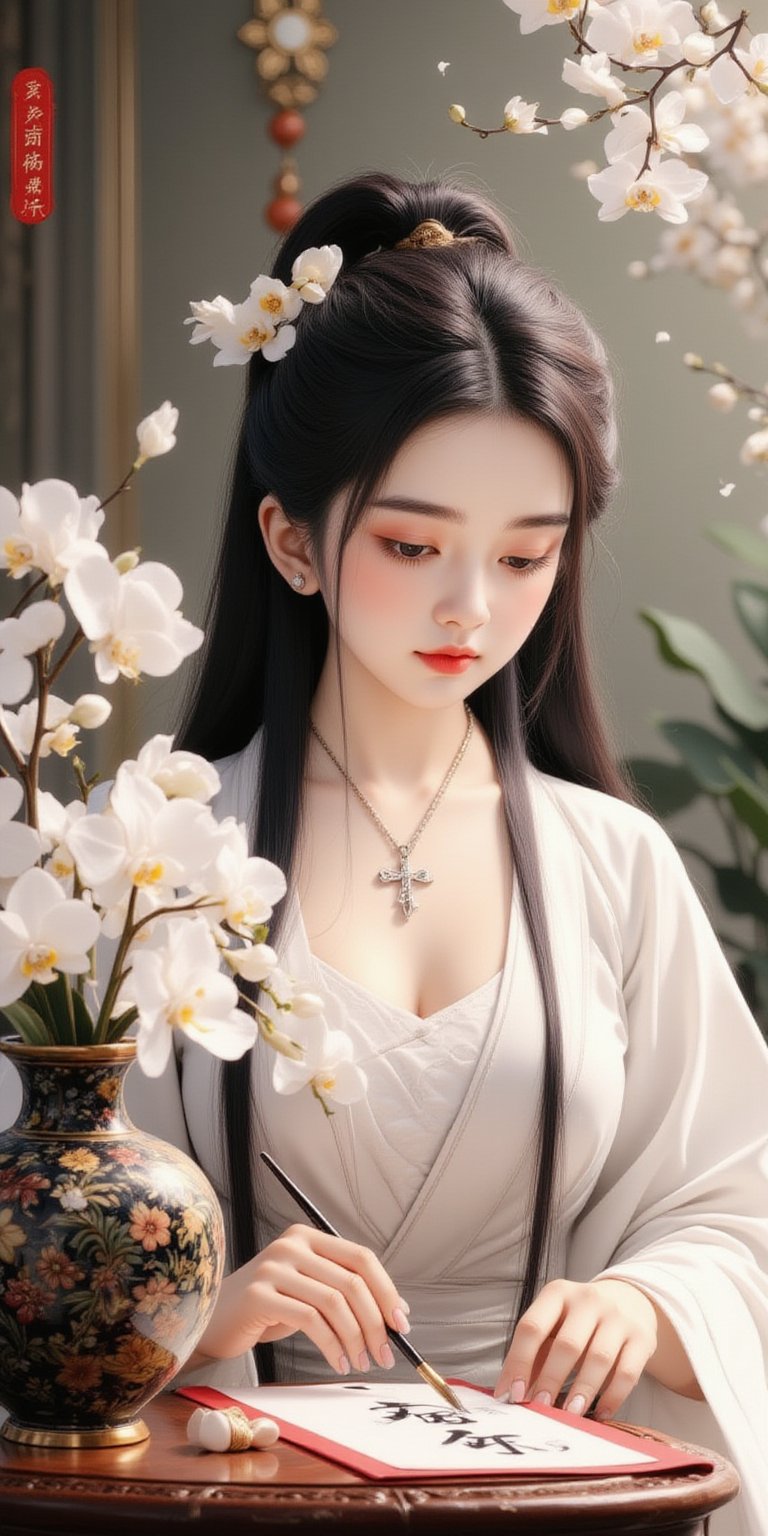 best quality,1girl,A picture composed of gold, white, black and red, a cloisonné Chinese vase on the classical Chinese desk, with gladioli and large white phalaenopsis. A young ancient oriental woman with long flowing hair, delicate facial features and delicate eyes, wearing white Hanfu, is writing calligraphy with a brush.