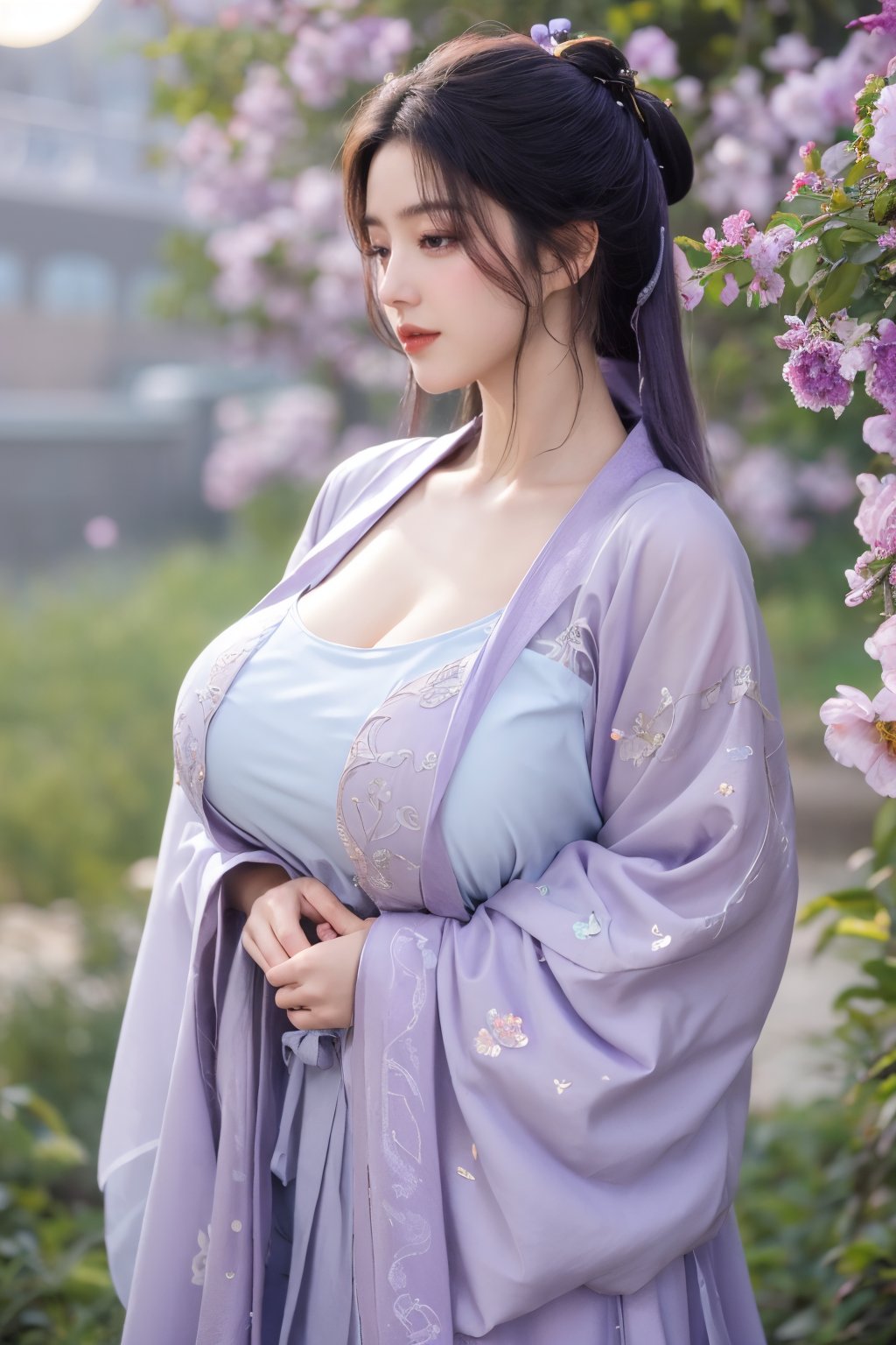 (masterpiece, best quality:1.2), highres, extremely detailed, 1 girl, purple hair, eye highlights,BREAK,(light purple hanfu dress:1.39), frills, outdoors, flower, fluttering petals, upper body, depth of field,pastel color, Depth of field,garden of the sun,shiny,flowers, garden, 1girl, butterfly style, butterflies, ultra detailed, glary,Light, light particles,glitter,reflect,,(big breasts:1.69),Xyunxiao,(full moon:1.29),waterfall 