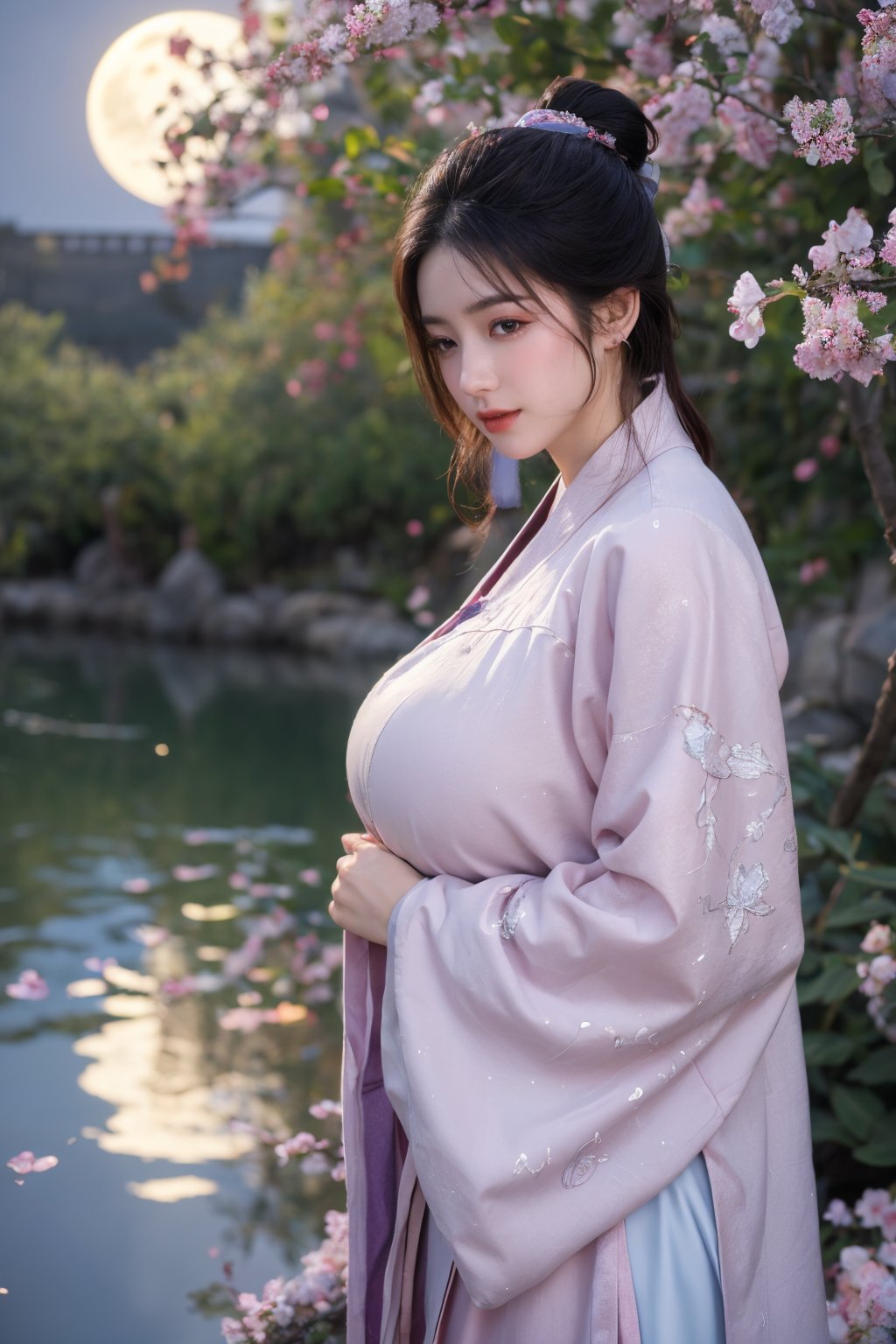 (masterpiece, best quality:1.2), highres, extremely detailed, 1 girl, purple hair, eye highlights,(light red hanfu dress:1.29), frills, outdoors, flower, fluttering petals, upper body, depth of field,pastel color, Depth of field,garden of the sun,shiny,flowers, garden, 1girl, butterfly style, butterflies, ultra detailed, glary,Light, light particles,glitter,reflect,,(big breasts:1.6),Xyunxiao,(full moon:1.29),waterfall 