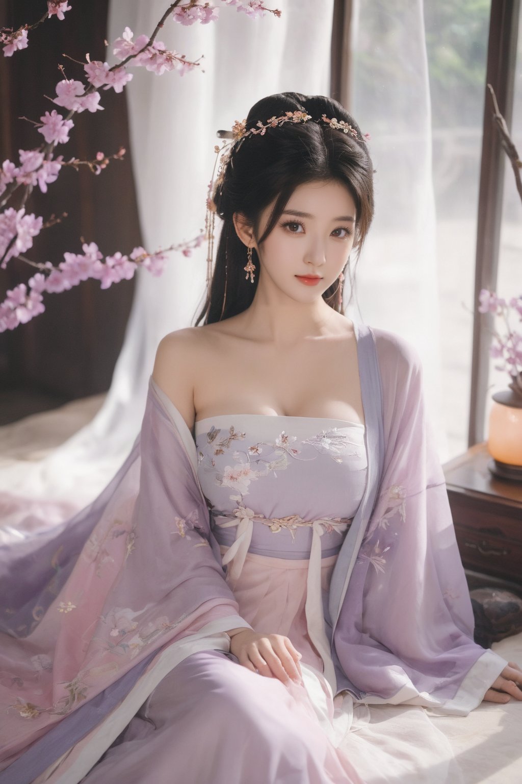 (masterpiece, best quality:1.2),1girl, solo, long hair, black hair,Hairpins,necklace, hair ornament, dress, full body, (huge breasts:2.19), (full breasts:1.69),flower, earrings, indoors, hair bun, (light purple-pink dress:1.29),(Tube top Hanfu long skirt:1.1), pillow, bed, night, chinese clothes, table, branch,daxiushan, ,daxiushan style,(huge breasts:2.39), (full breasts:1.79), realistic,hanfu, daxiushan,Shoulders are exposed, , daxiushan, arien_hanfu, FilmGirl,,Xyunxiao,weijin_hanfu,Xningyudie