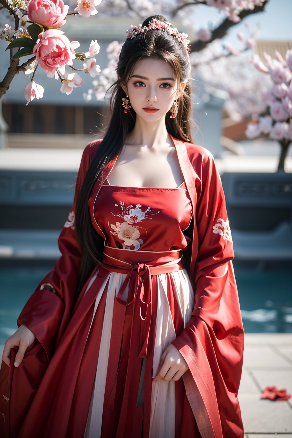 Masterpiece, Best Quality,young and beautiful Chinese girl wearing a cheongsam with coiled hair,wearing vintage Chinese earrings, (big breasts:1.45),1girl, half, (Masterpiece:1.2), best quality,red arien_hanfu, 1girl, (spring scene:1.59), (red hanfu dress:1.52),looking_at_viewer, (big breasts:1.69),Young beauty spirit,(The background is the Forbidden City1.39),Xyunxiao,(Large aperture, blurred background, spring scene, peony flowers:1.39)