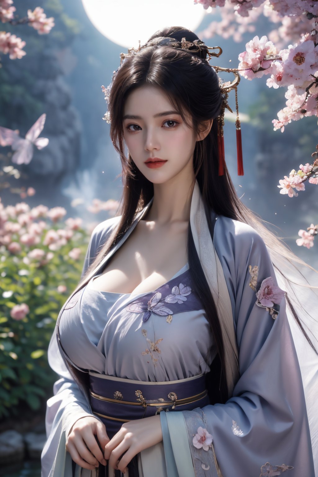 (masterpiece, best quality:1.2), highres, extremely detailed, 1girl, purple hair, eye highlights,BREAK,(light purple hanfu dress:1.39), frills, outdoors, flower, fluttering petals, upper body, depth of field,pastel color, Depth of field,(garden of the sun,shiny,flowers, garden, 1girl, butterfly style, butterflies:1.23), ultra detailed, glary,Light, light particles,glitter,reflect,(big breasts:1.69),Xyunxiao,(full moon:1.39),waterfall 