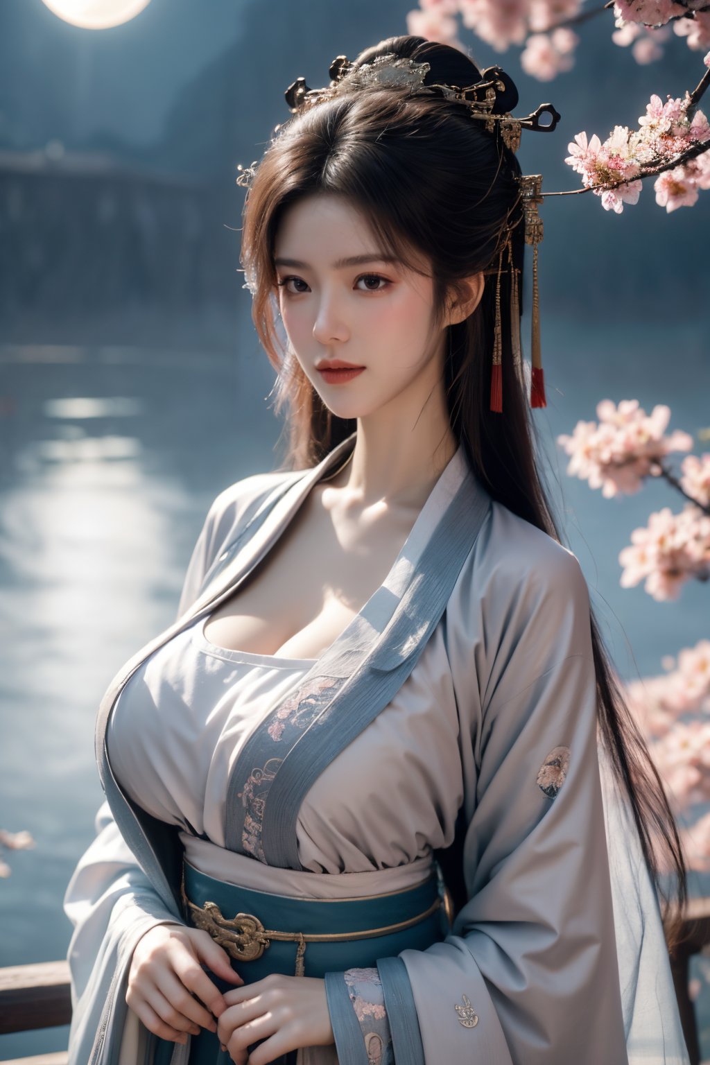 (masterpiece, best quality:1.2), highres, extremely detailed, 1girl, purple hair, eye highlights,BREAK,(light pink hanfu dress:1.39), frills, outdoors, flower, fluttering petals, upper body, depth of field,pastel color, Depth of field,(garden of the sun,shiny,flowers, garden, 1girl, butterfly style, butterflies:1.23), ultra detailed, glary,Light, light particles,glitter,reflect,(big breasts:1.69),Xyunxiao,(full moon:1.39),waterfall 