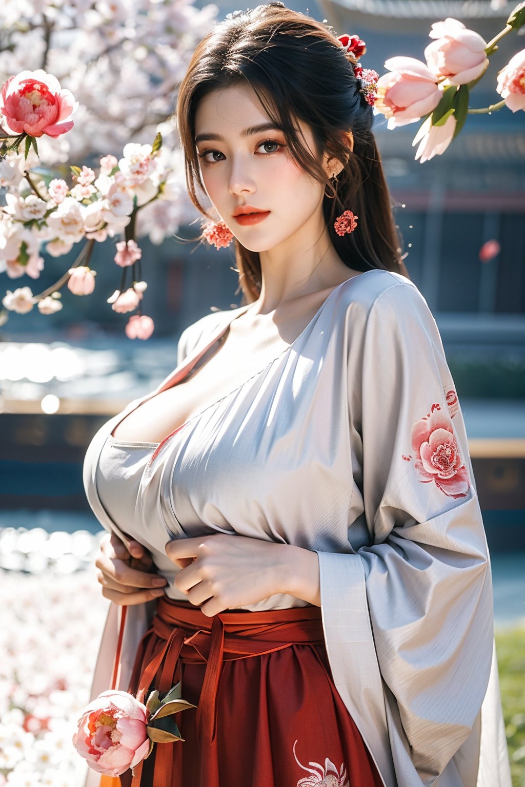 Masterpiece, Best Quality,young and beautiful Chinese girl wearing a cheongsam with coiled hair,wearing vintage Chinese earrings, (big breasts:1.45),1girl, half, (Masterpiece:1.2), best quality,red arien_hanfu, 1girl, (spring scene:1.59), (red hanfu dress:1.52),looking_at_viewer, (big breasts:1.69),Young beauty spirit,(The background is the Forbidden City1.39),Xyunxiao,(Large aperture, blurred background, spring scene, peony flowers:1.39)