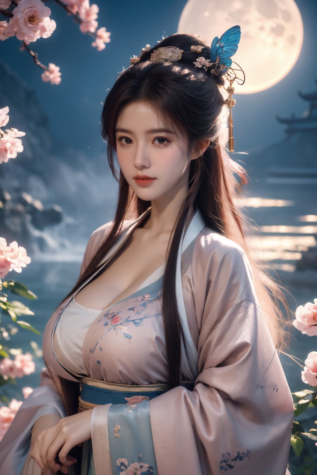 (masterpiece, best quality:1.2), highres, extremely detailed, 1girl, purple hair, eye highlights,BREAK,(light pink hanfu dress:1.39), frills, outdoors, flower, fluttering petals, upper body, depth of field,pastel color, Depth of field,(garden of the sun,shiny,flowers, garden, 1girl, butterfly style, butterflies:1.23), ultra detailed, glary,Light, light particles,glitter,reflect,(big breasts:1.69),Xyunxiao,(full moon:1.39),waterfall 