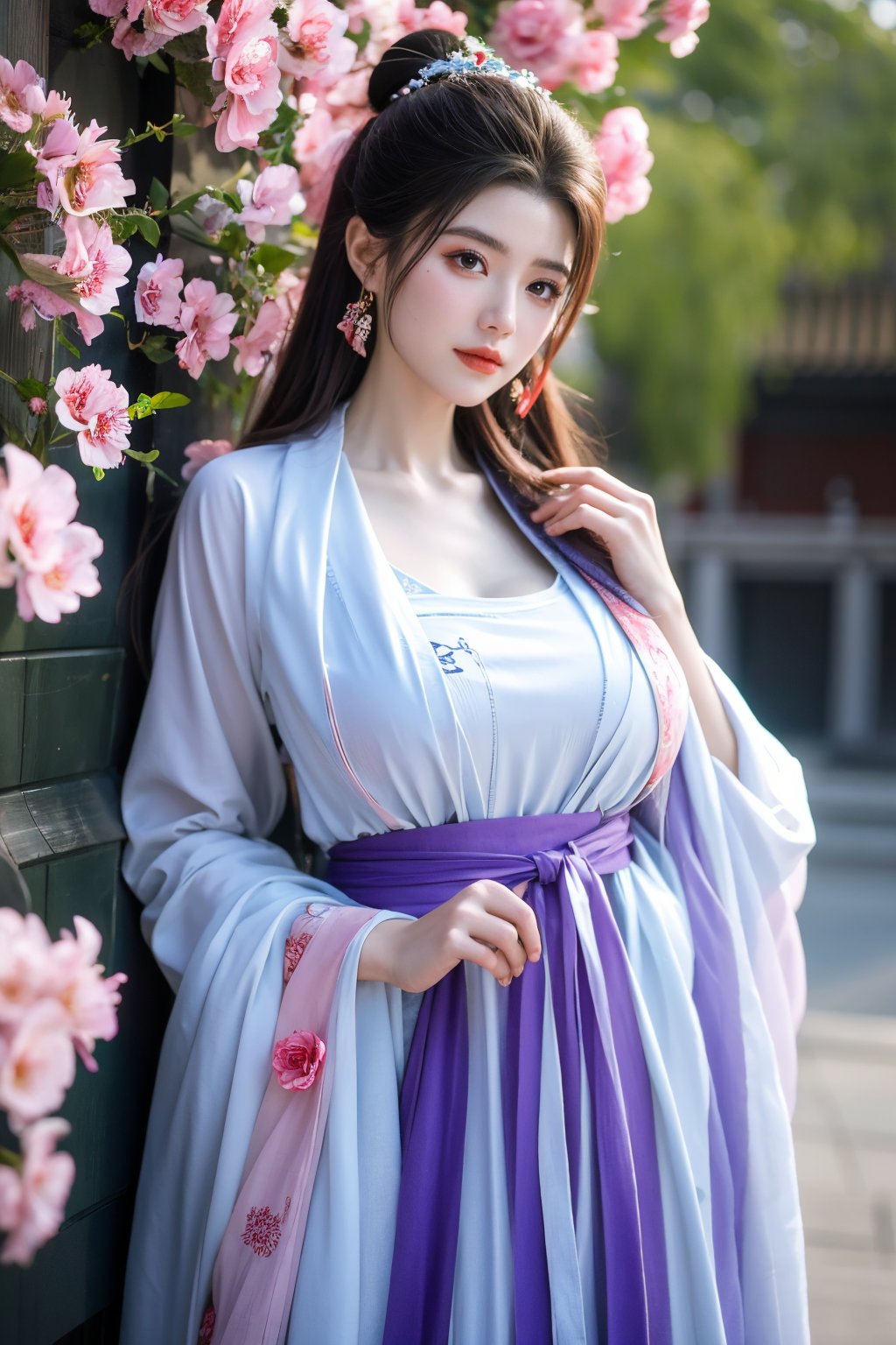 Masterpiece, Best Quality,young and beautiful Chinese girl wearing a cheongsam with coiled hair,wearing vintage Chinese earrings, (big breasts:1.52),1girl, half, (Masterpiece:1.2), best quality,arien_hanfu, 1girl, (pink flowers:1.29), (purple hanfu dress:1.29),looking_at_viewer, , (big breasts:1.53),Young beauty spirit,（The background is the Forbidden City1.39）,Xyunxiao